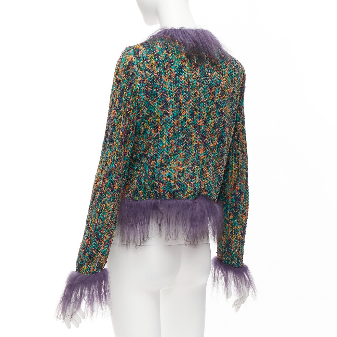 rare EMANUEL UNGARO faux fur trim green speckled tweed cropped jacket IT38 XS For Sale 2