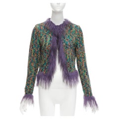 rare EMANUEL UNGARO faux fur trim green speckled tweed cropped jacket IT38 XS