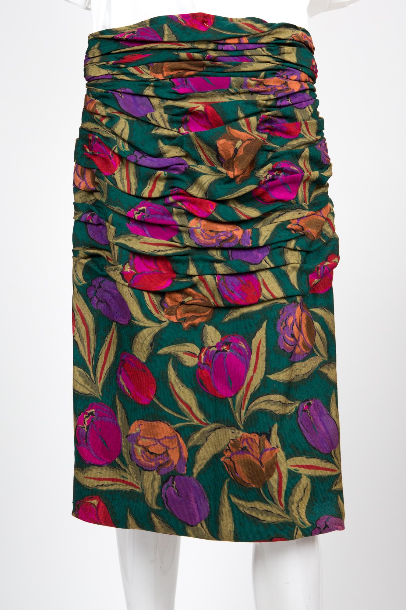 Black Rare Emanuel Ungaro Ruched Floral Skirt  For Sale