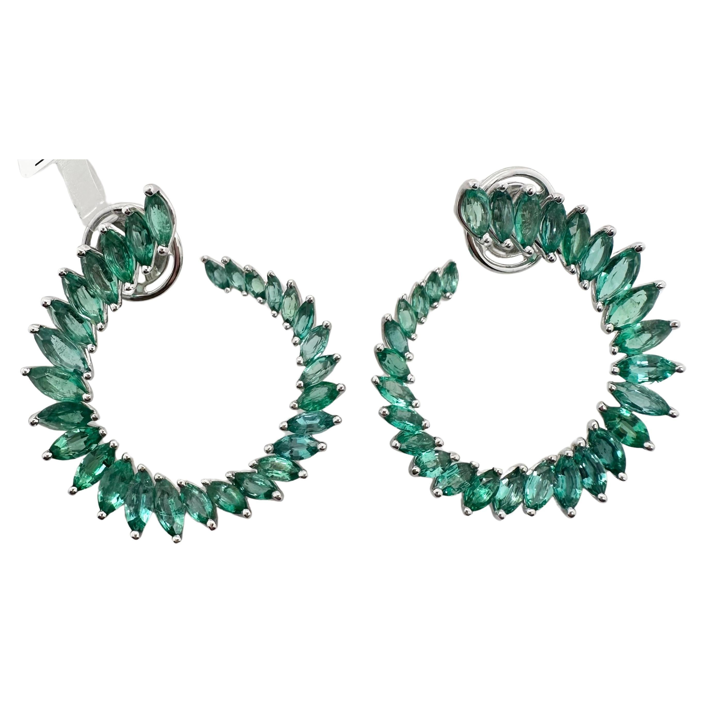 Rare emerald hoop earrings 18KT white gold marquise Colombian emerald For Sale