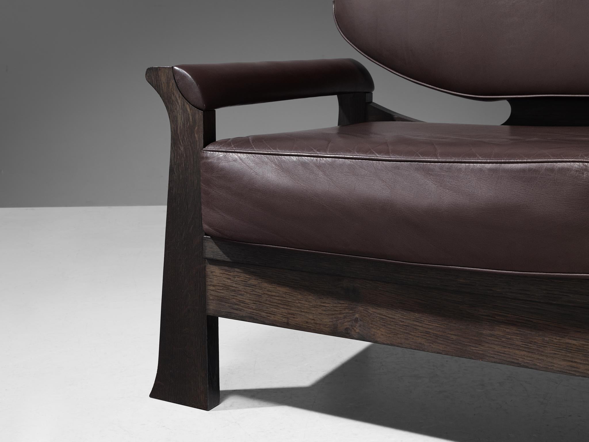 Mid-Century Modern Rare Emiel Veranneman 'Osaka' Sofa in Dark Brown Leather and Stained Oak 