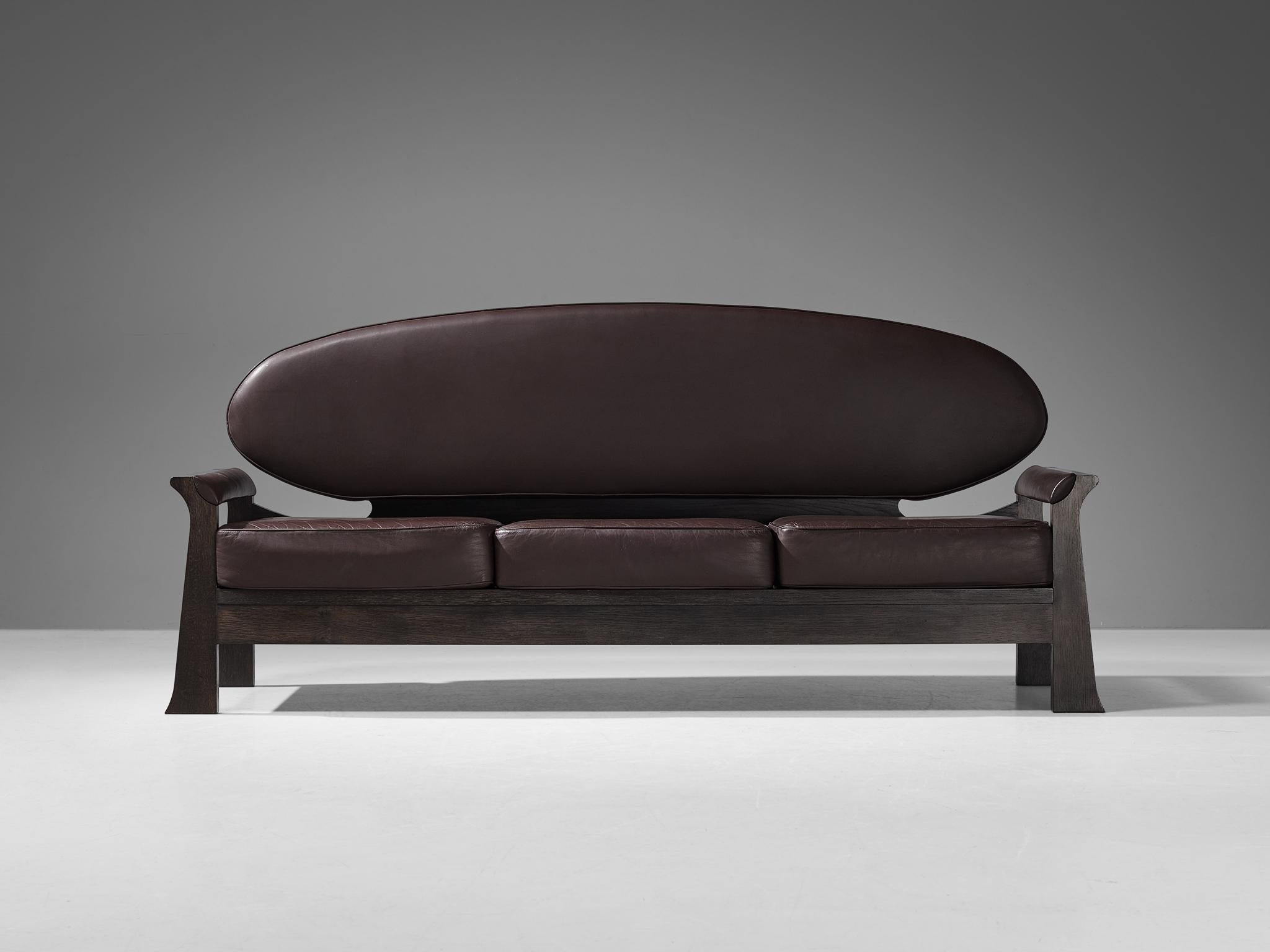 Belgian Rare Emiel Veranneman 'Osaka' Sofa in Dark Brown Leather and Stained Oak 