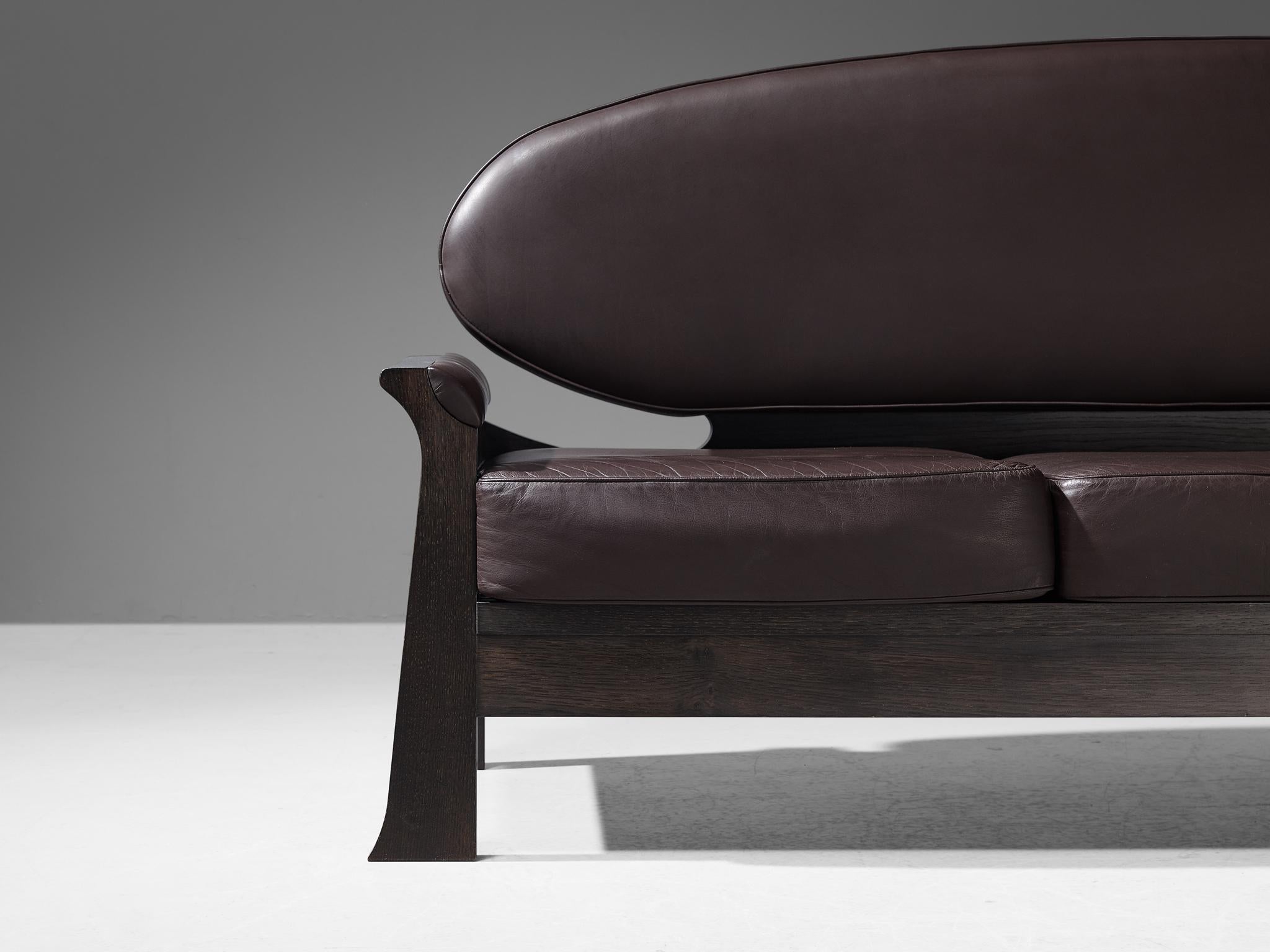 Mid-20th Century Rare Emiel Veranneman 'Osaka' Sofa in Dark Brown Leather and Stained Oak 