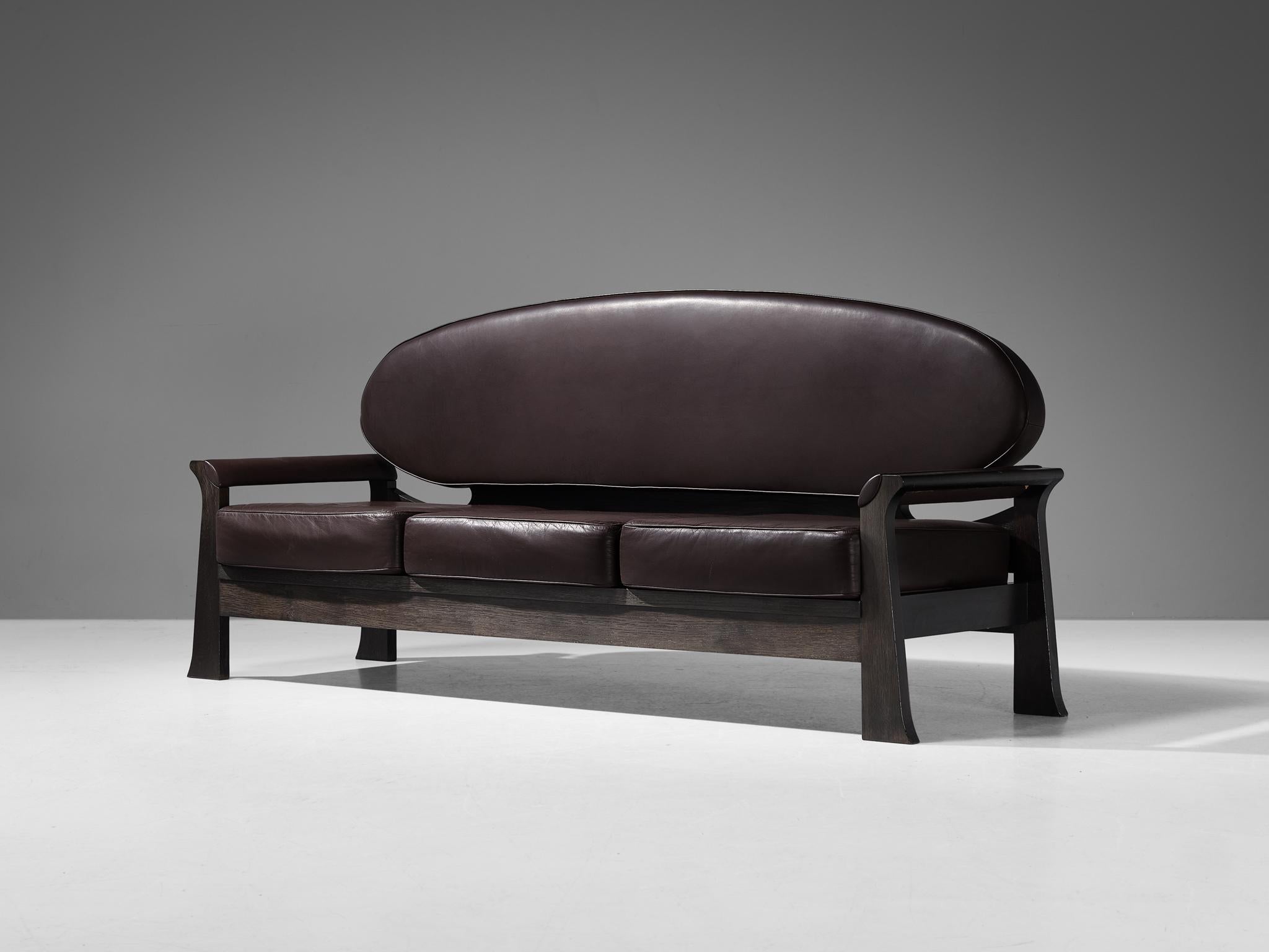 Rare Emiel Veranneman 'Osaka' Sofa in Dark Brown Leather and Stained Oak  1