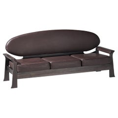 Rare Emiel Veranneman 'Osaka' Sofa in Dark Brown Leather and Stained Oak 