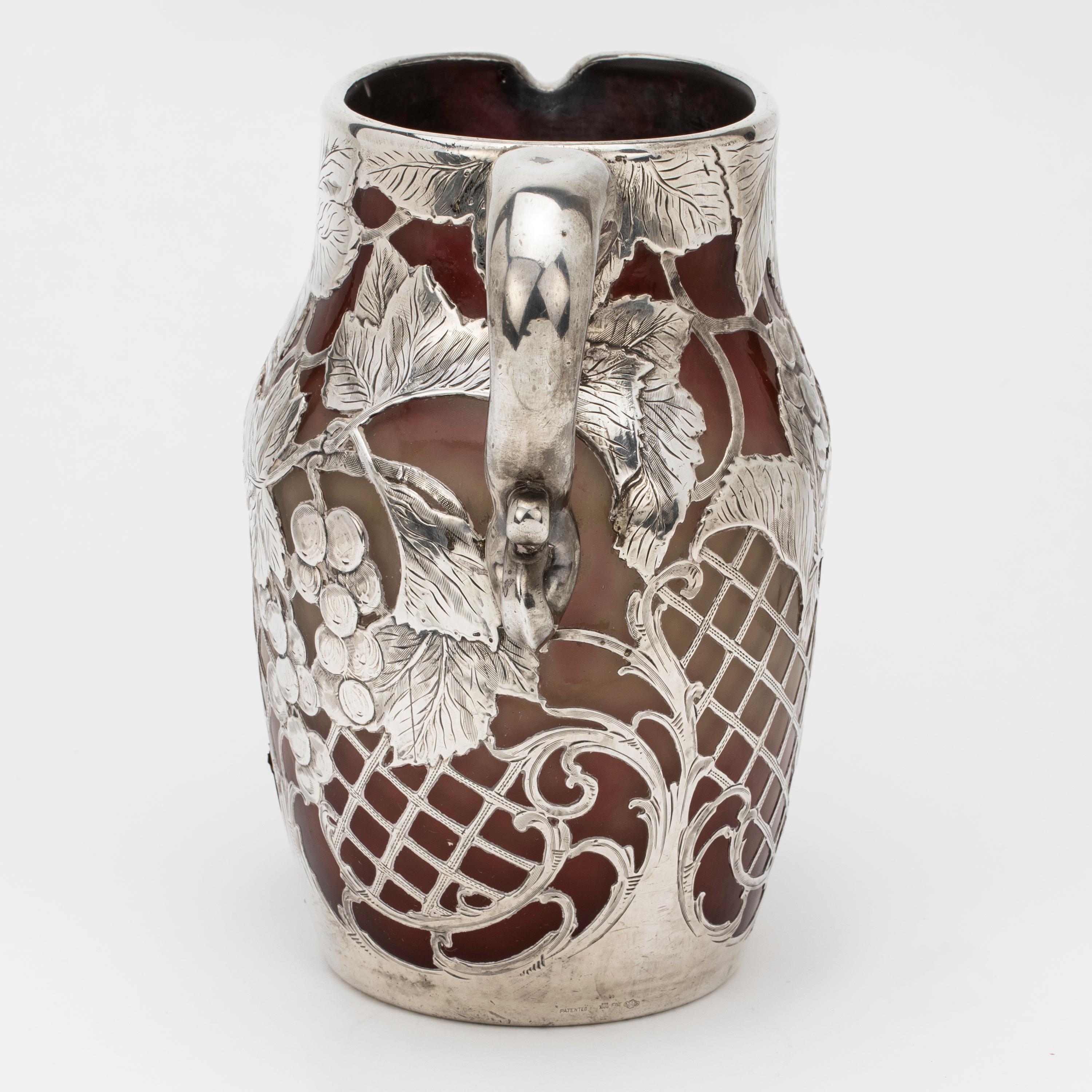 Art Nouveau Pitcher,  Emile Galle Glass Silver Overlay Pitcher For Sale