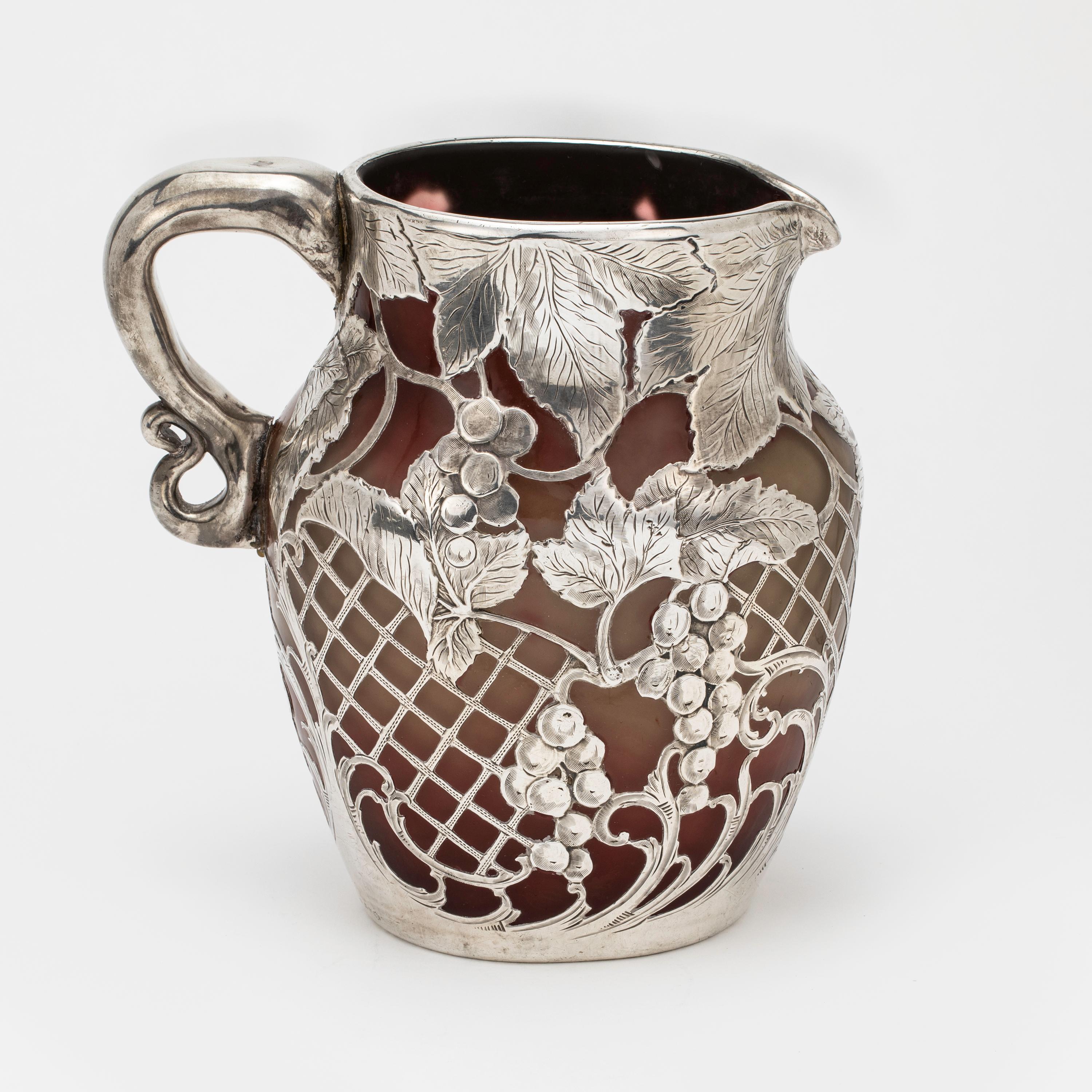 Etched Pitcher,  Emile Galle Glass Silver Overlay Pitcher For Sale