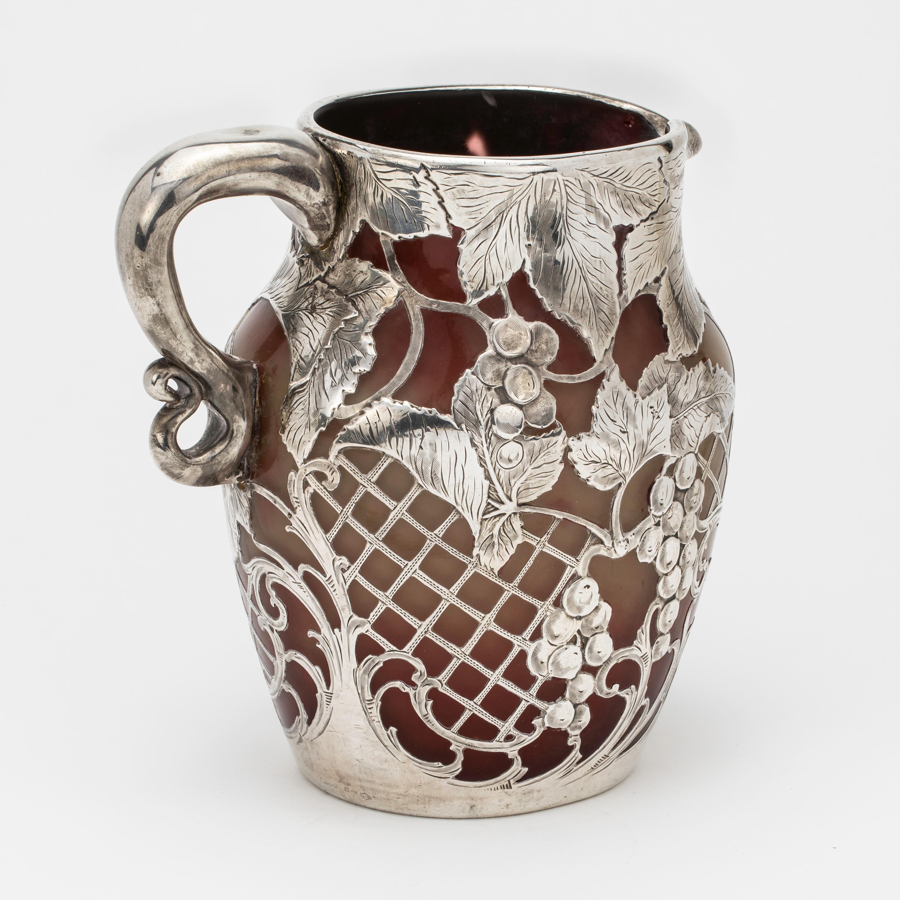 Pitcher,  Emile Galle Glass Silver Overlay Pitcher In Good Condition For Sale In Summerland, CA