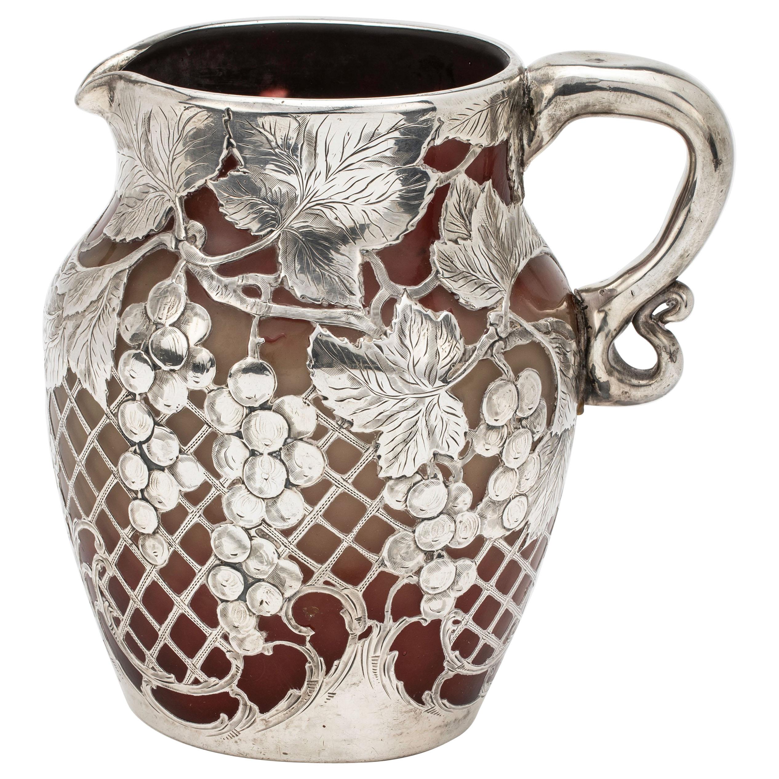 Pitcher,  Emile Galle Glass Silver Overlay Pitcher For Sale