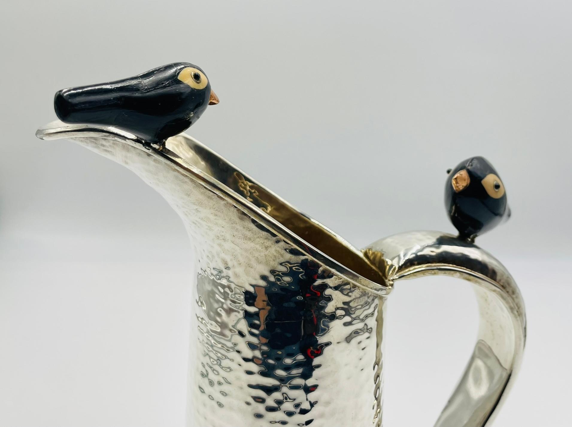 Rara brocca di Emilia Castillo placcata in argento con uccelli in onice e diaspro, Taxco Messico in vendita 5