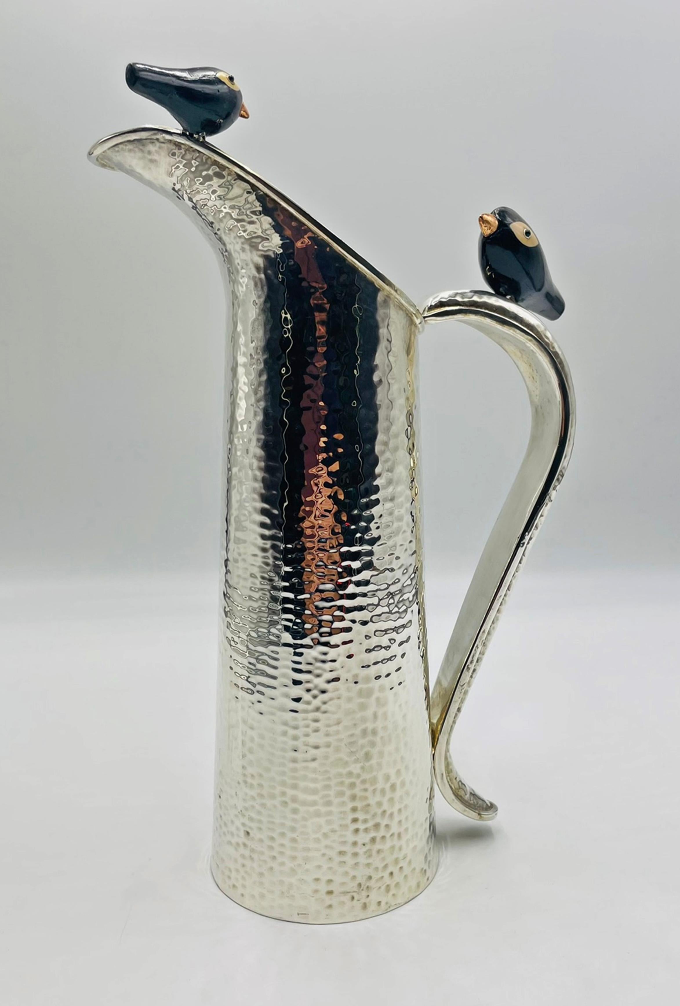 Rara brocca di Emilia Castillo placcata in argento con uccelli in onice e diaspro, Taxco Messico in vendita 1