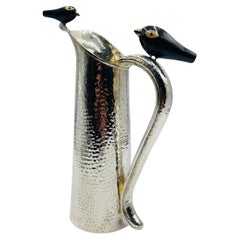 Rare Emilia Castillo Silver-Plated Pitcher with Onyx & Jasper Birds, Taxco Mexic