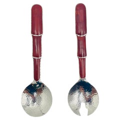 Rare Emilia Castillo Taxco Silver Plate Jasper Serving Utensils Set, Mexico 1980