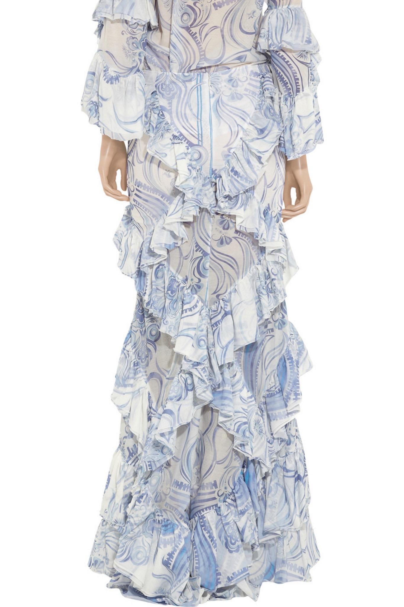 Gray Rare Emilio Pucci by Peter Dundas Signature Print Lace Up Ruffled Maxi Skirt 38 For Sale