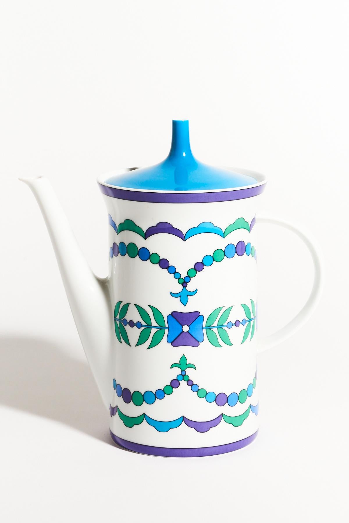 Rare Emilio Pucci Peacock Blue Floral Coffee Set In Excellent Condition In New York, NY