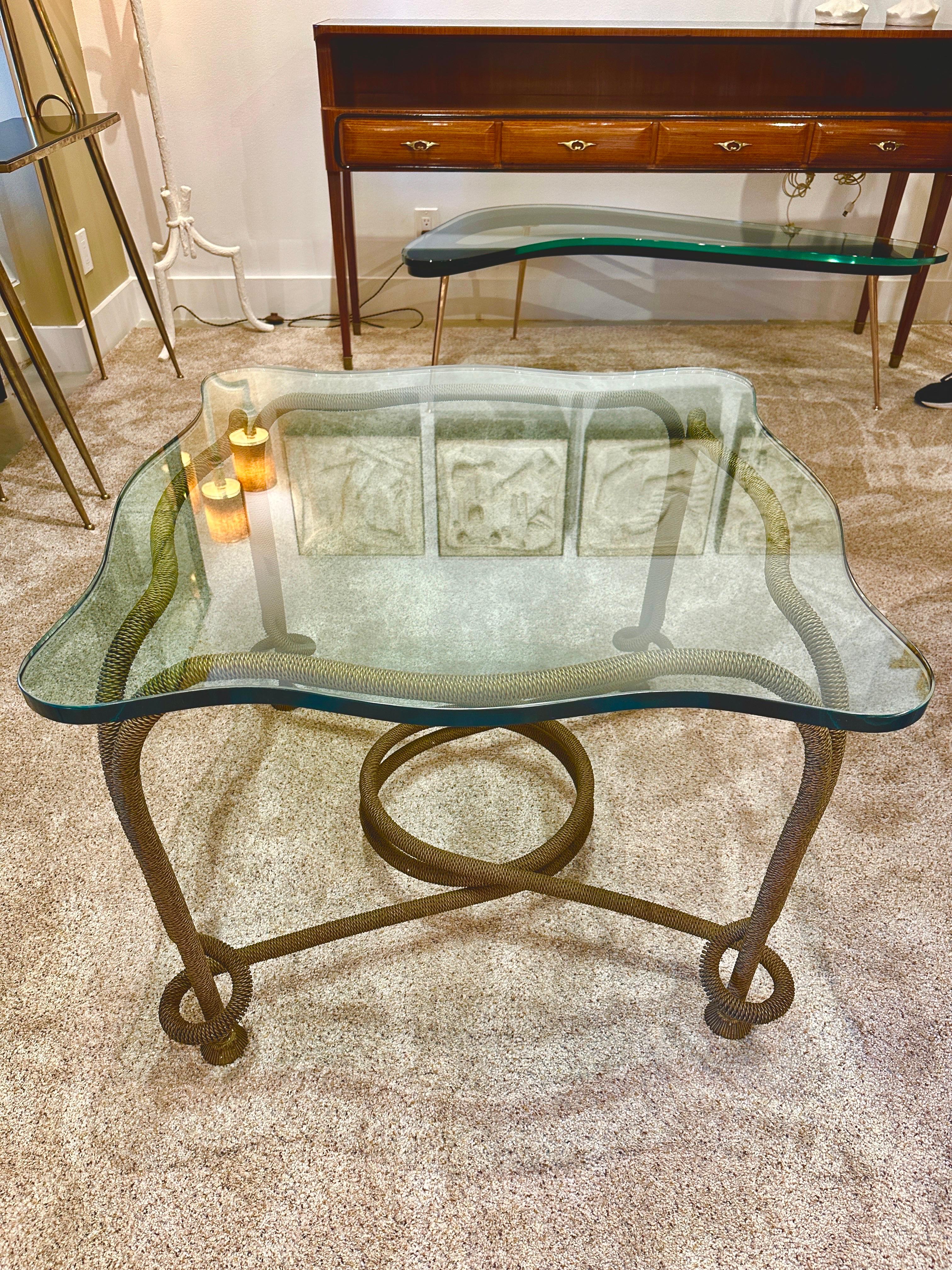 Rare Emilio Rey Gilded Metal & Scalloped Glass Top Side Table, Spain 70's For Sale 8