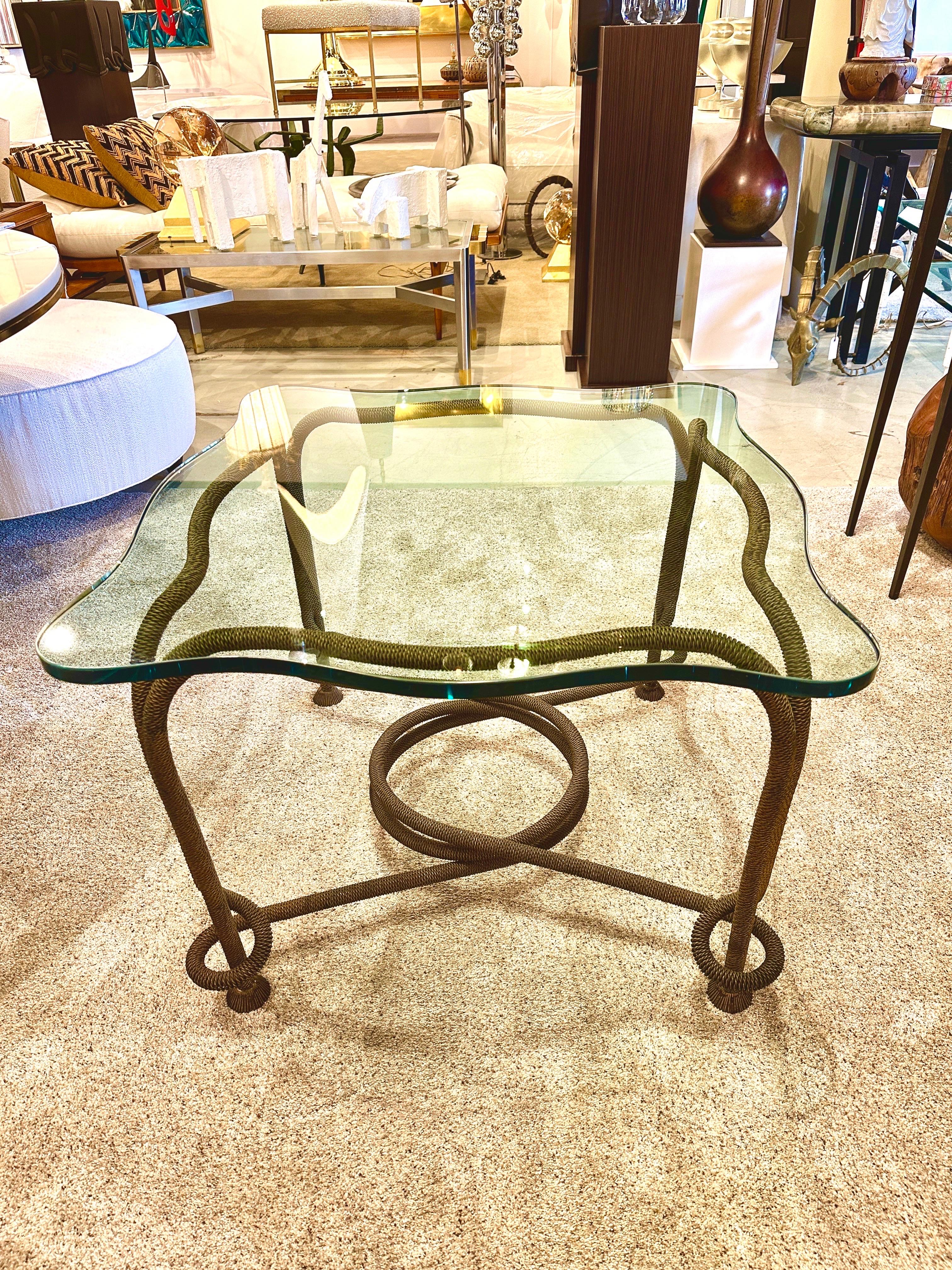 Gilt Rare Emilio Rey Gilded Metal & Scalloped Glass Top Side Table, Spain 70's For Sale