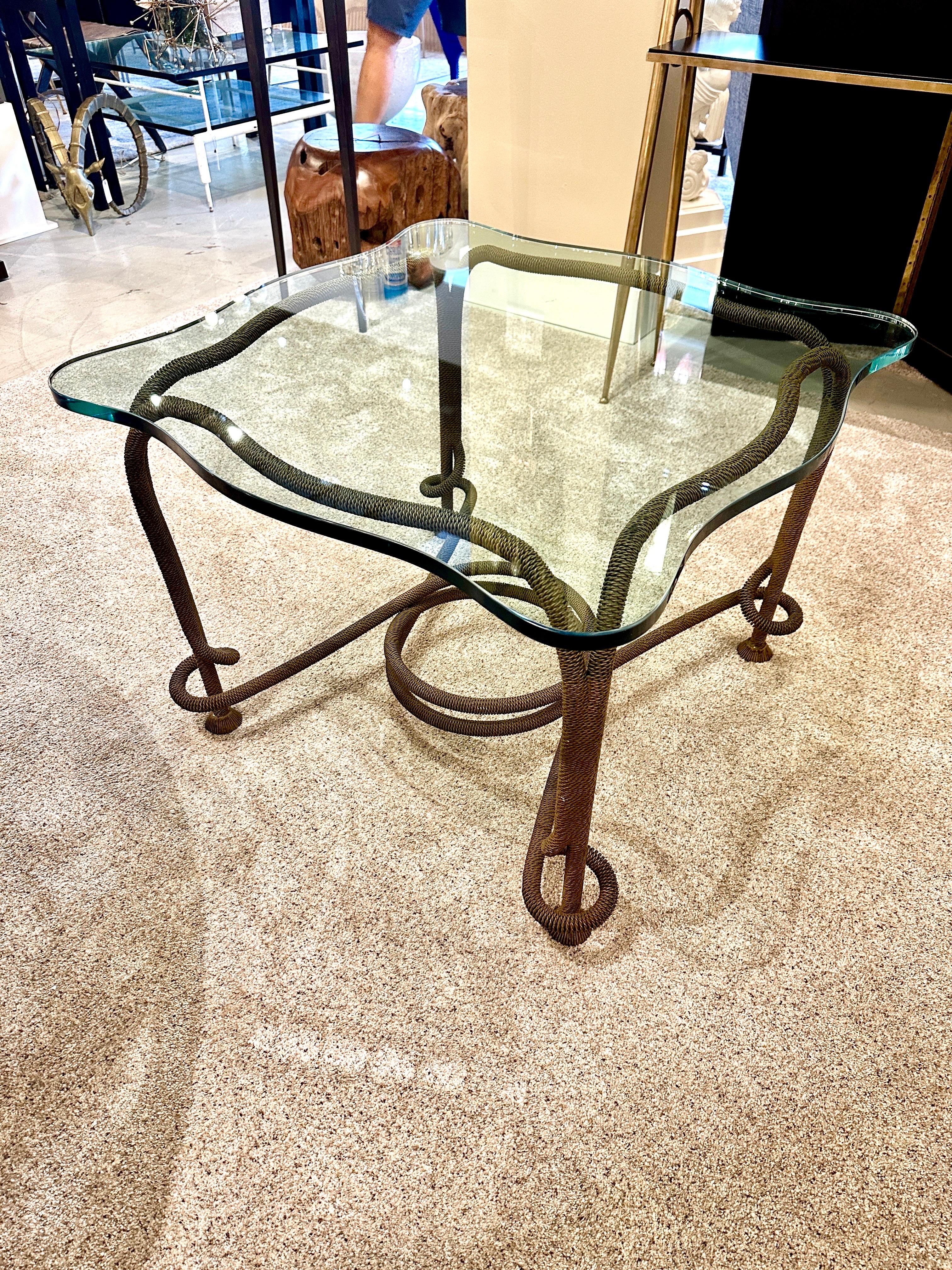 Late 20th Century Rare Emilio Rey Gilded Metal & Scalloped Glass Top Side Table, Spain 70's For Sale