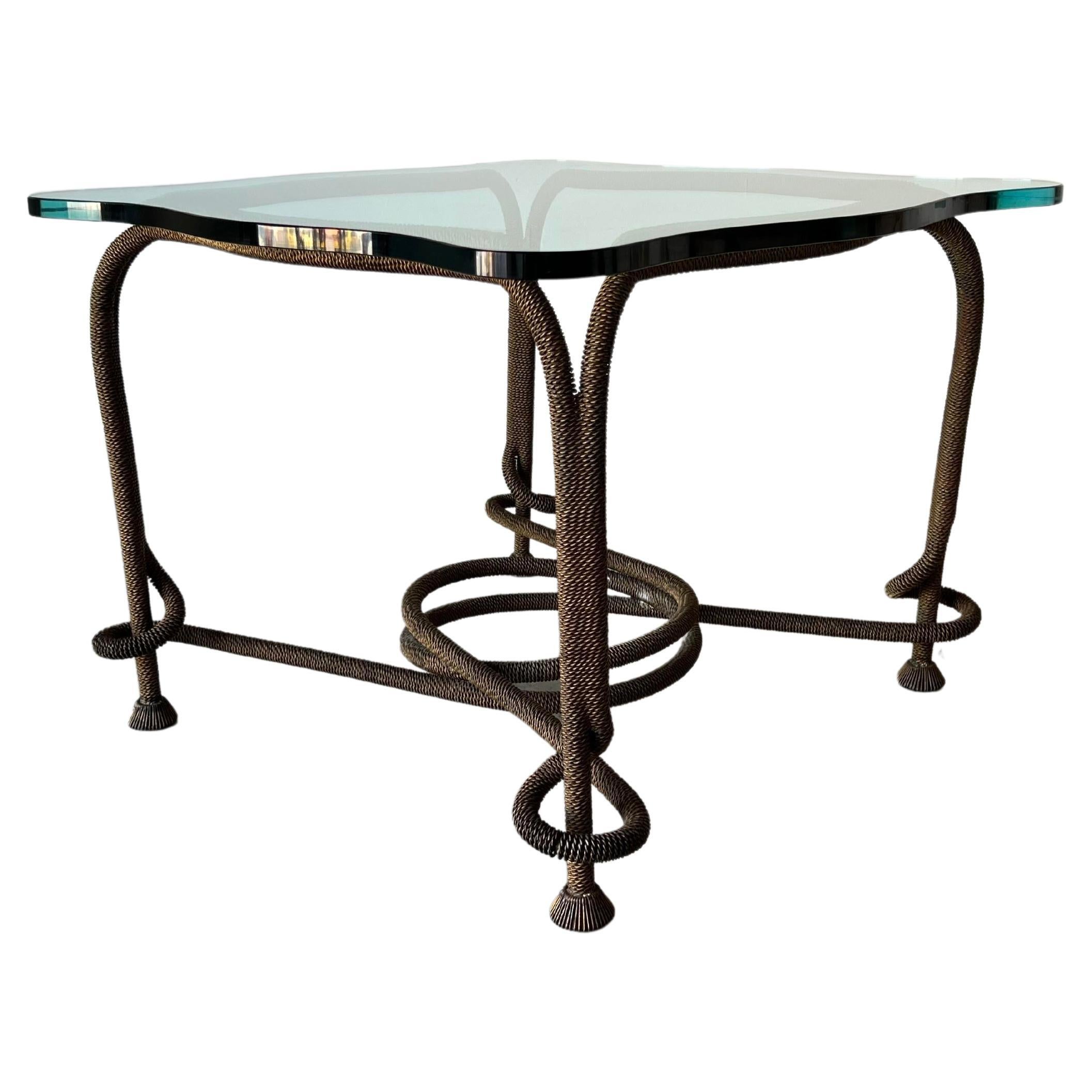 Rare Emilio Rey Gilded Metal & Scalloped Glass Top Side Table, Spain 70's For Sale