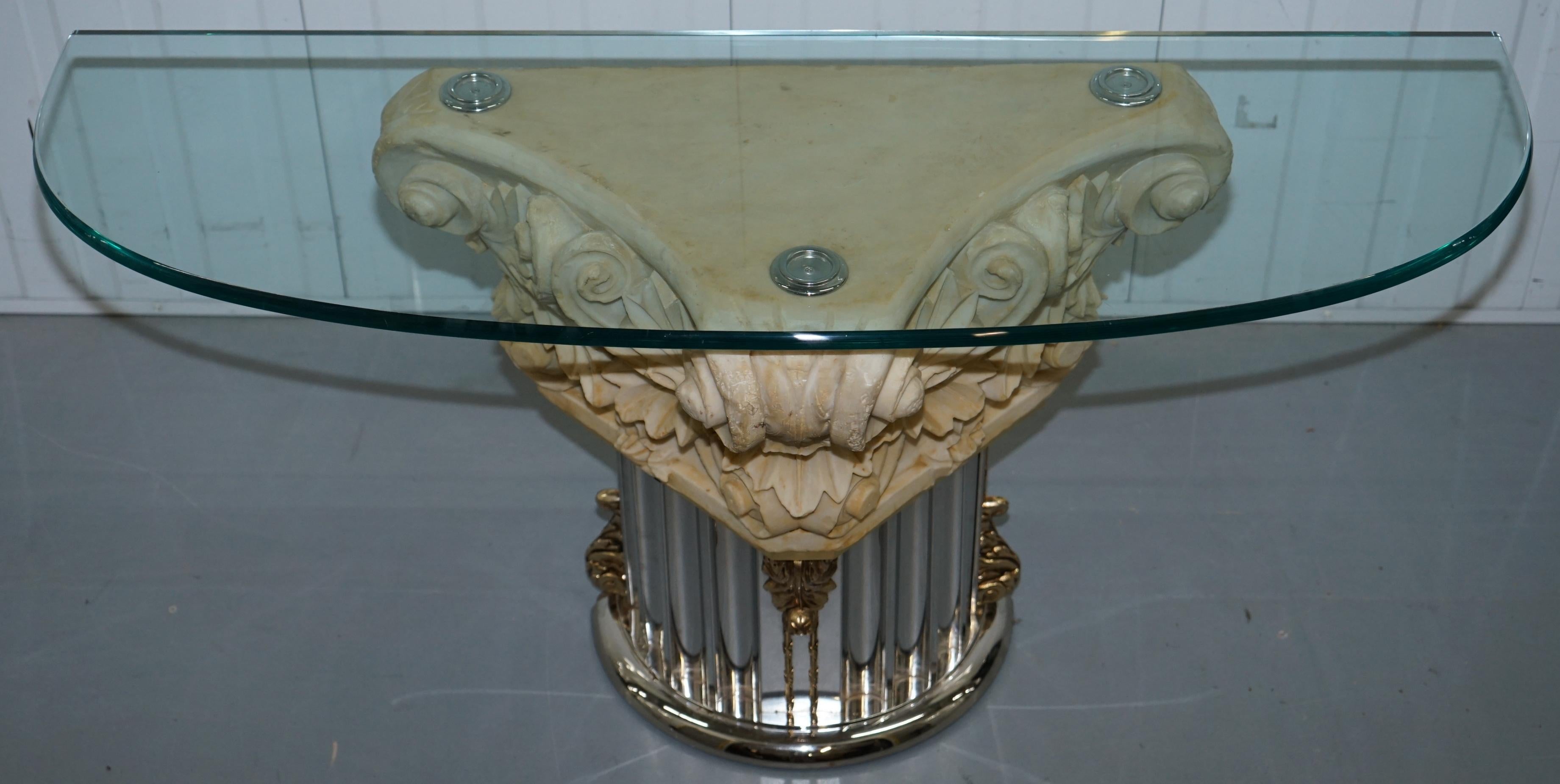 French Rare Empire Classical Corinthian Pillar Console Table Base with Thick Glass Top