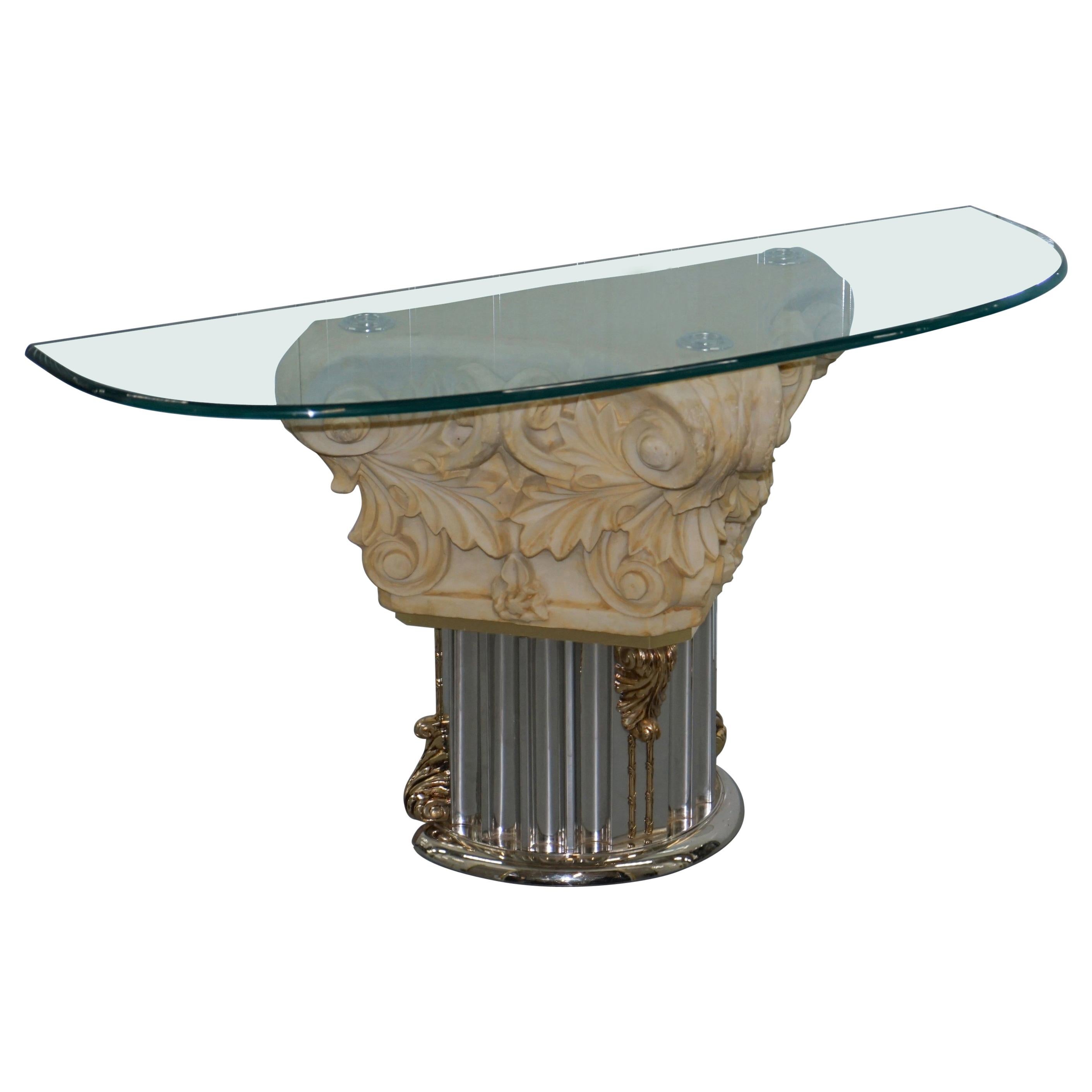 Rare Empire Classical Corinthian Pillar Console Table Base with Thick Glass Top