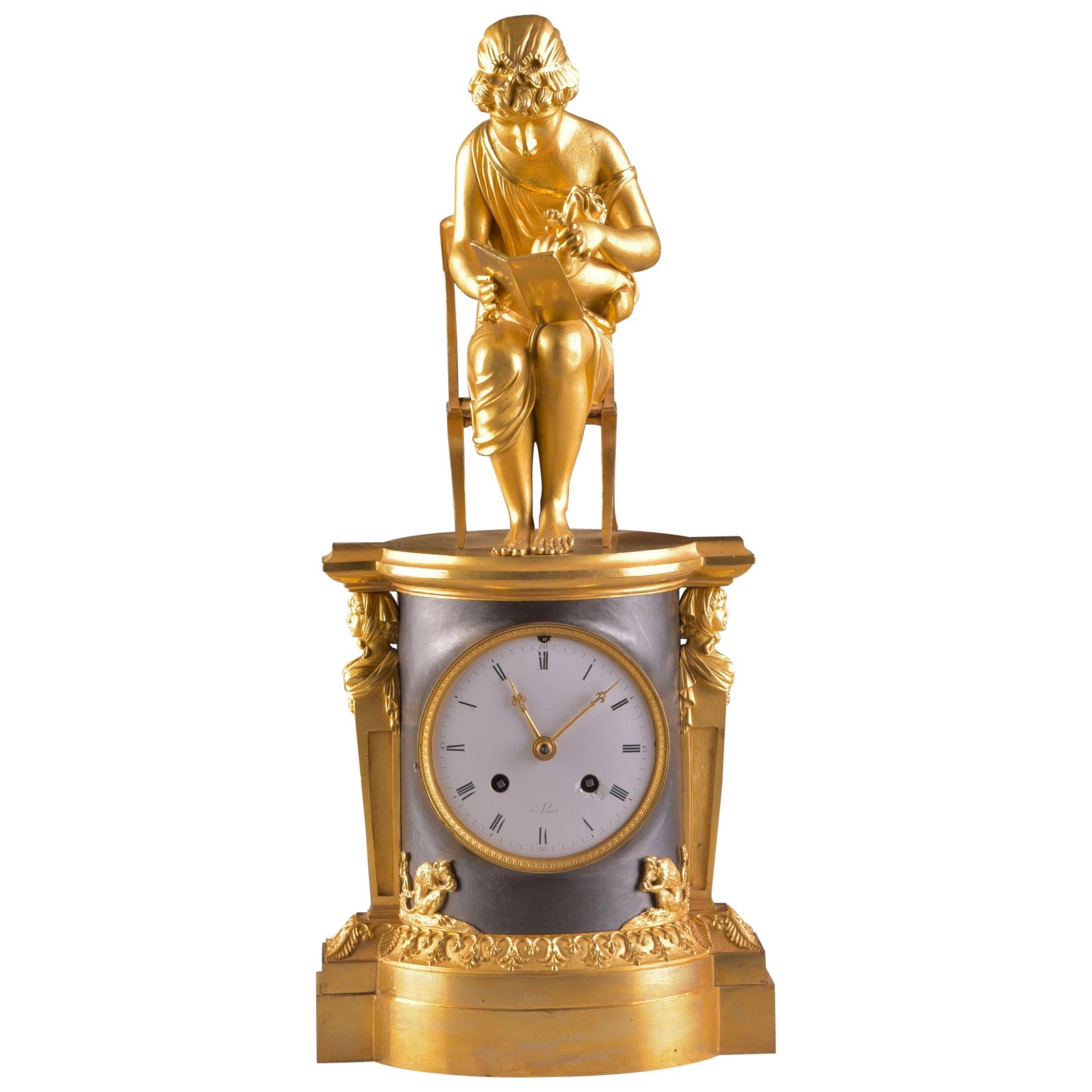 Rare Empire Library Pendule, Reading Child, in the Style of Claude Galle For Sale