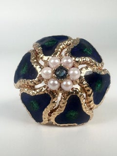 Rare Enamel Pearl cocktail ring 14KT solid gold EARTH sapphire ring