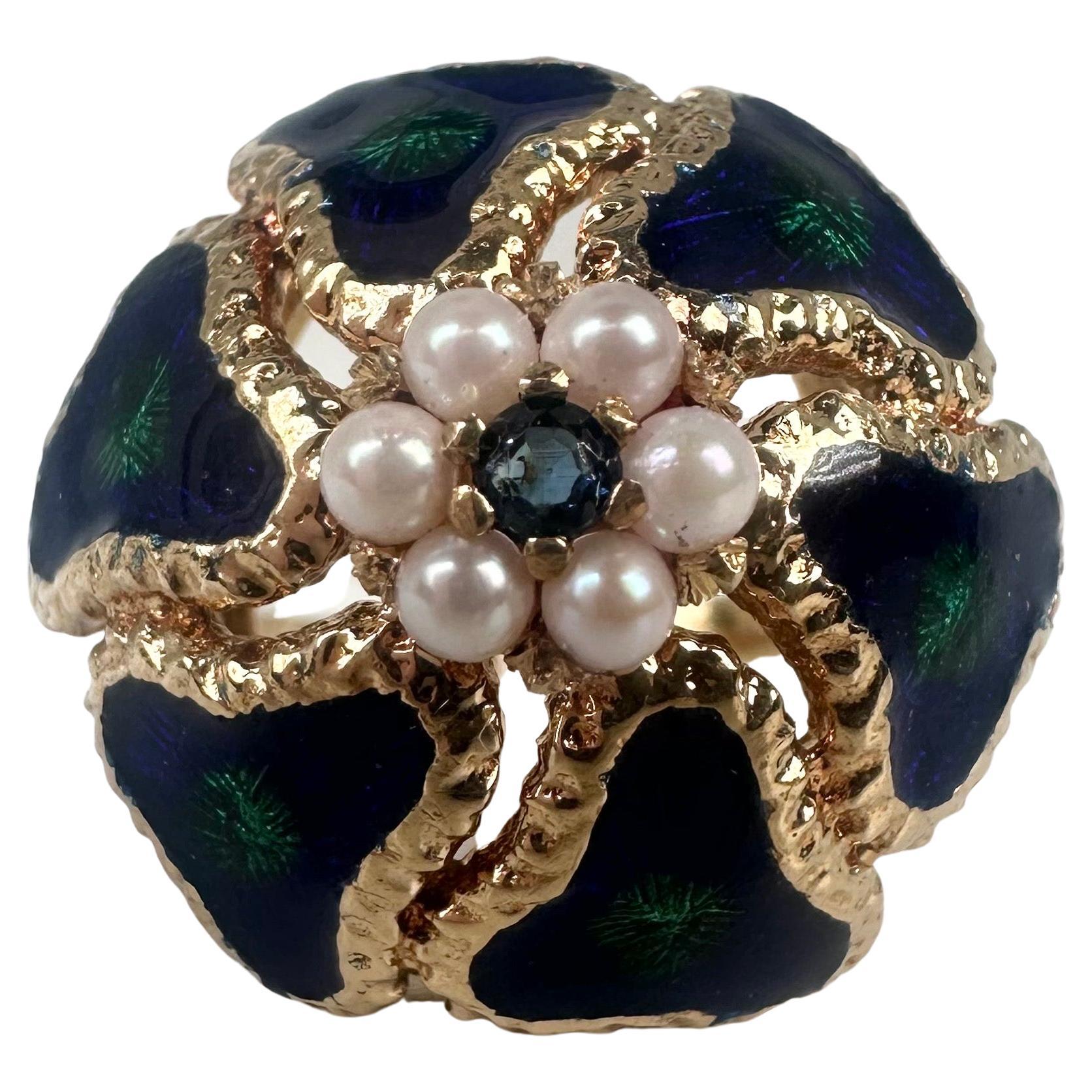 Rare Enamel Pearl cocktail ring 14KT solid gold EARTH sapphire ring For Sale
