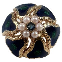 Rare Enamel Pearl cocktail ring 14KT solid gold EARTH sapphire ring