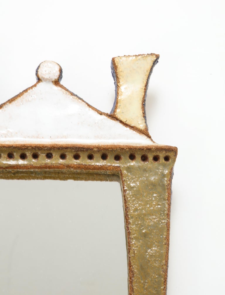 French Rare Enameled Ceramic Mirror by Les Argonautes, France, c. 1960 'Signed' For Sale