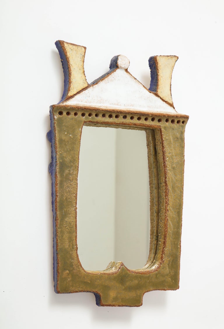 Mid-20th Century Rare Enameled Ceramic Mirror by Les Argonautes, France, c. 1960 'Signed' For Sale