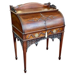 Antique Rare English "Adam" Influenced Hepplewhite Style Carved Mahogany Cylinder Desk 