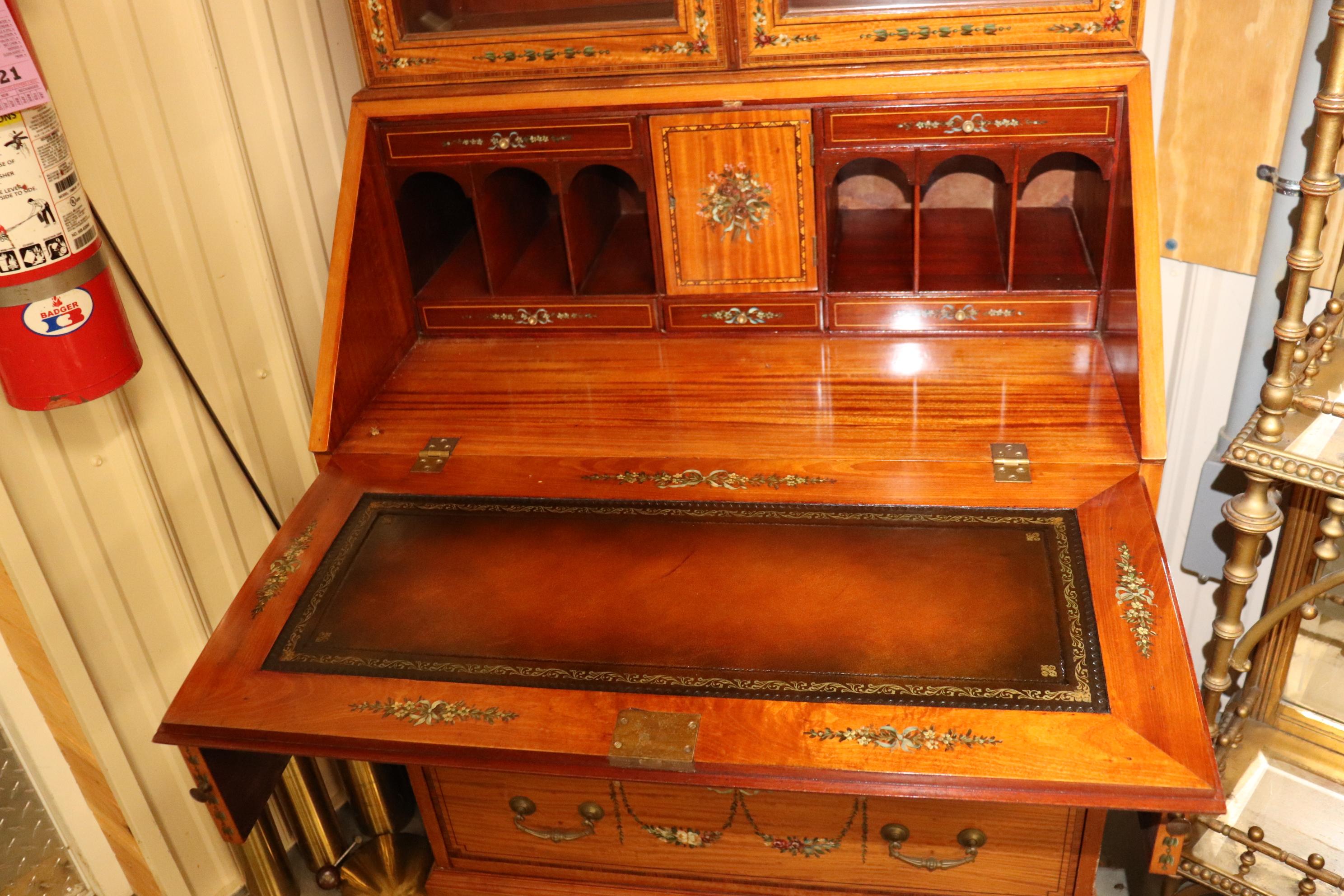 Rare English Adams Paint Decorated Satinwood Secretary Desk circa 1900 1