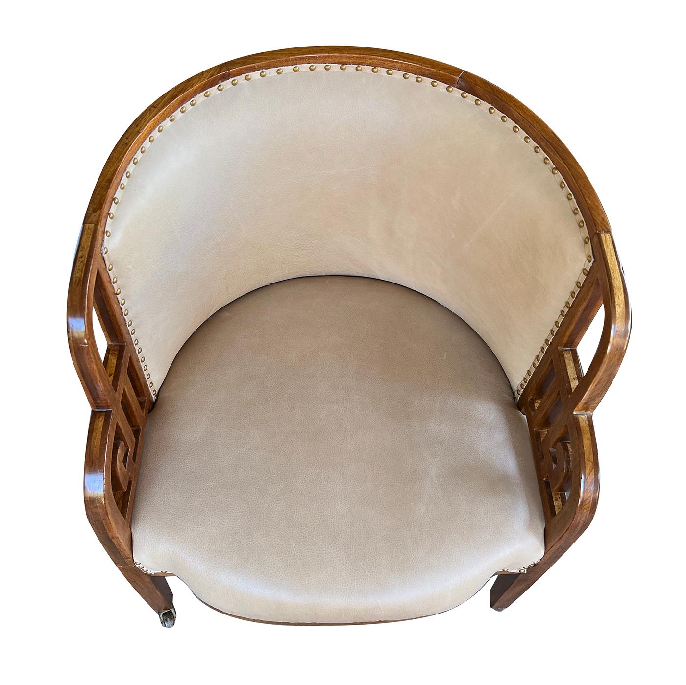 Leather Rare English Art Deco Barrel-Back Chair in the Asian Taste For Sale