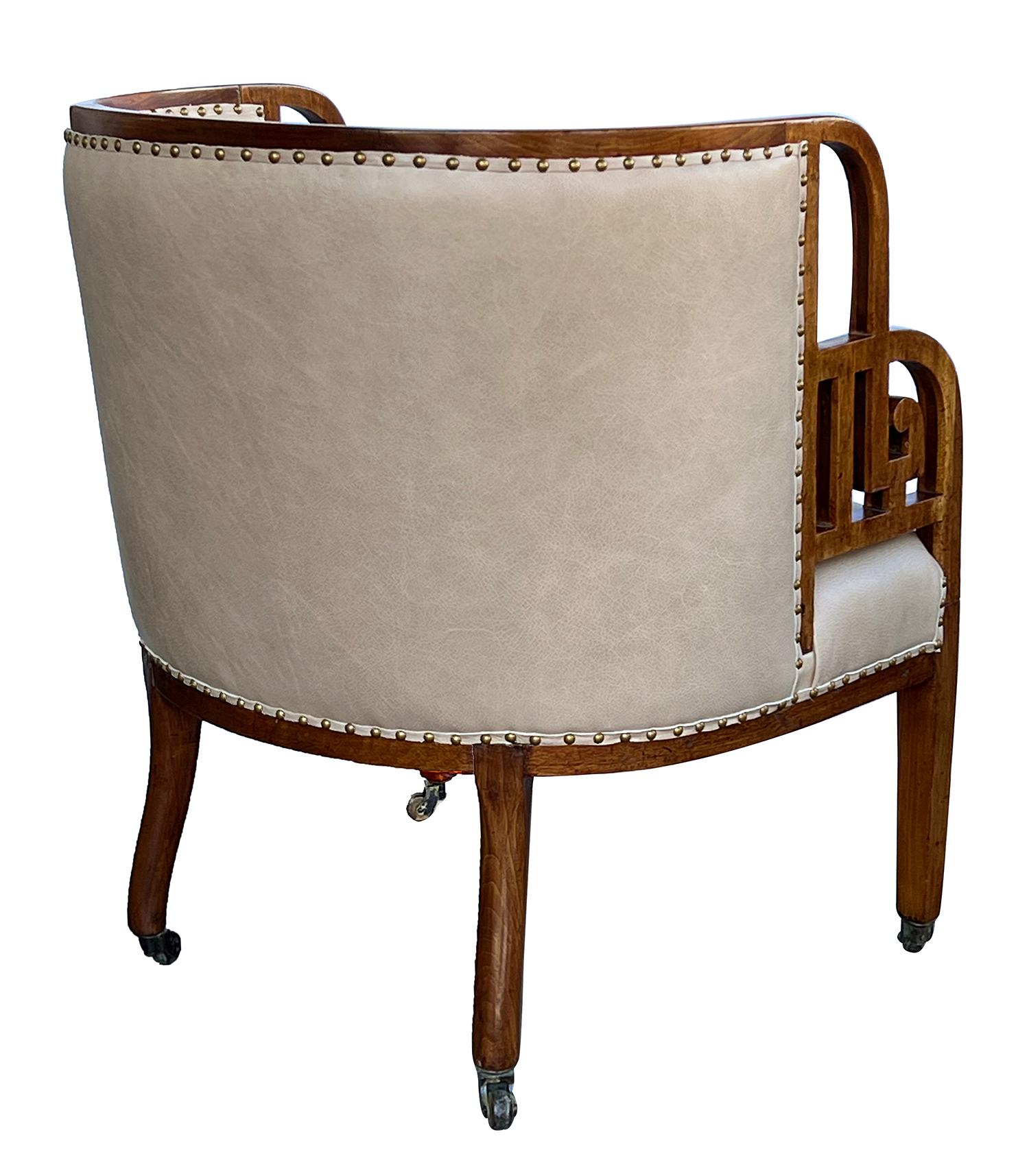 Leather Rare English Art Deco Barrel-Back Chair in the Asian Taste For Sale