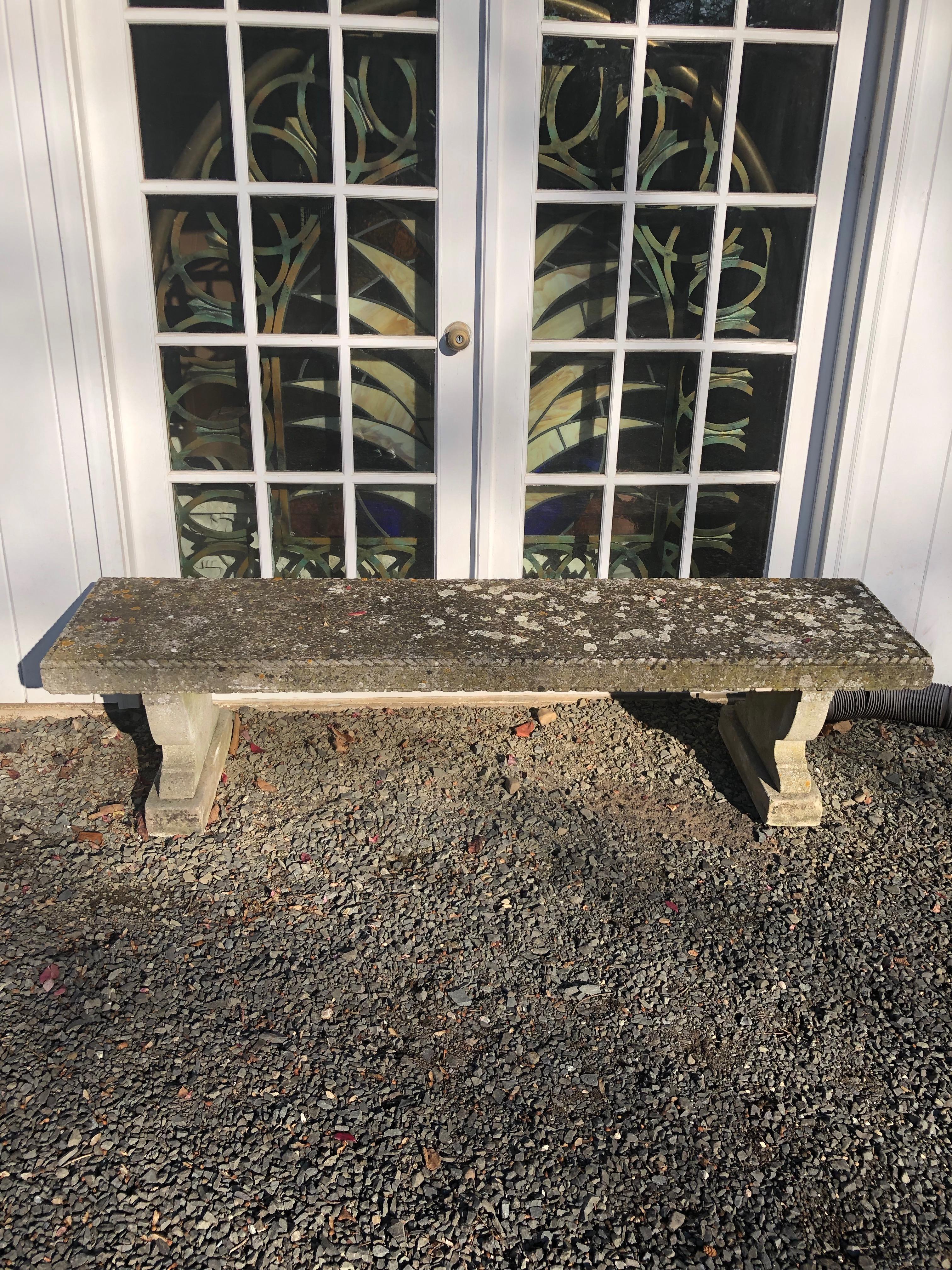Rare English Carved Portland Stone Bench with Rope Edging and Lichened Surface 4