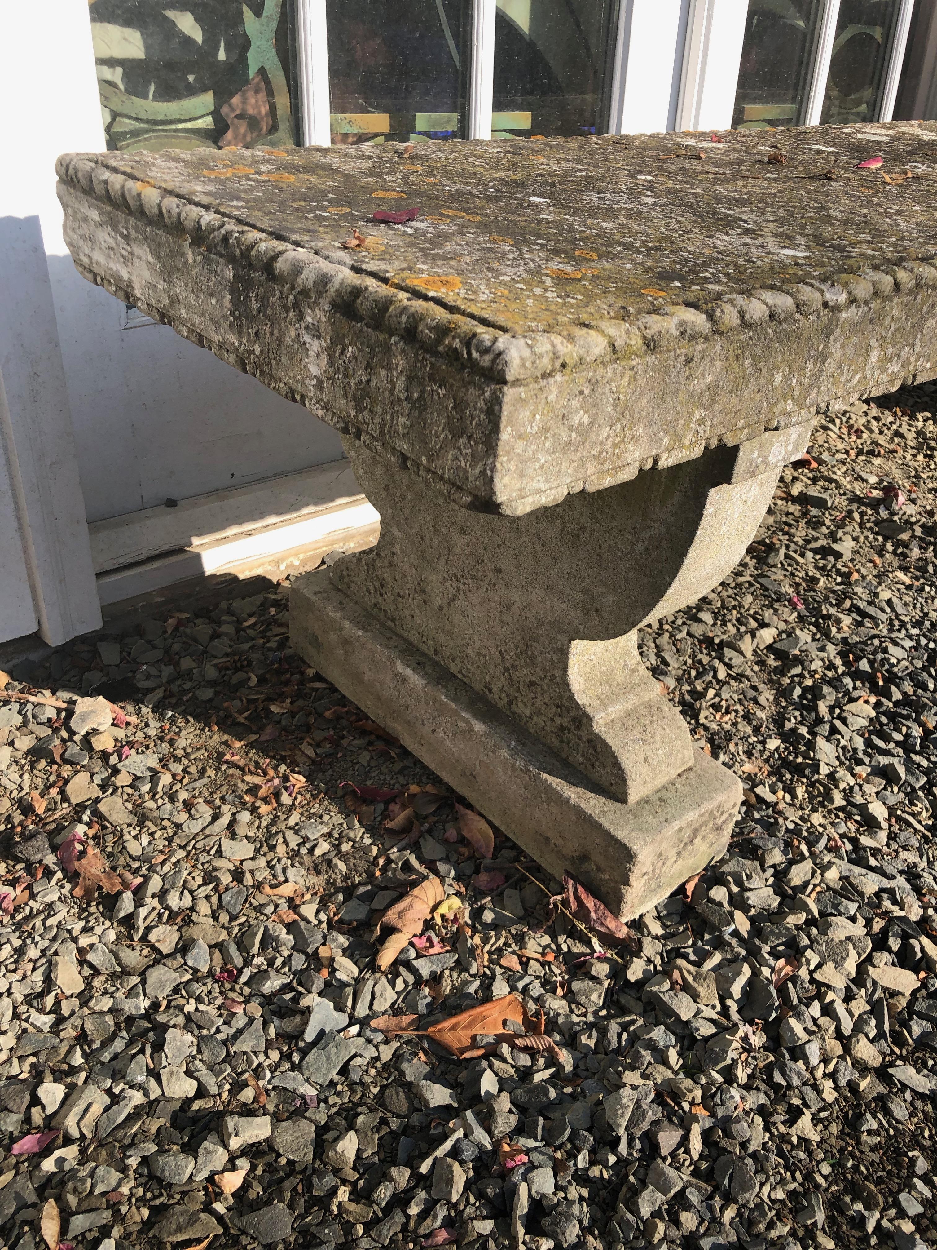 Rare English Carved Portland Stone Bench with Rope Edging and Lichened Surface 5