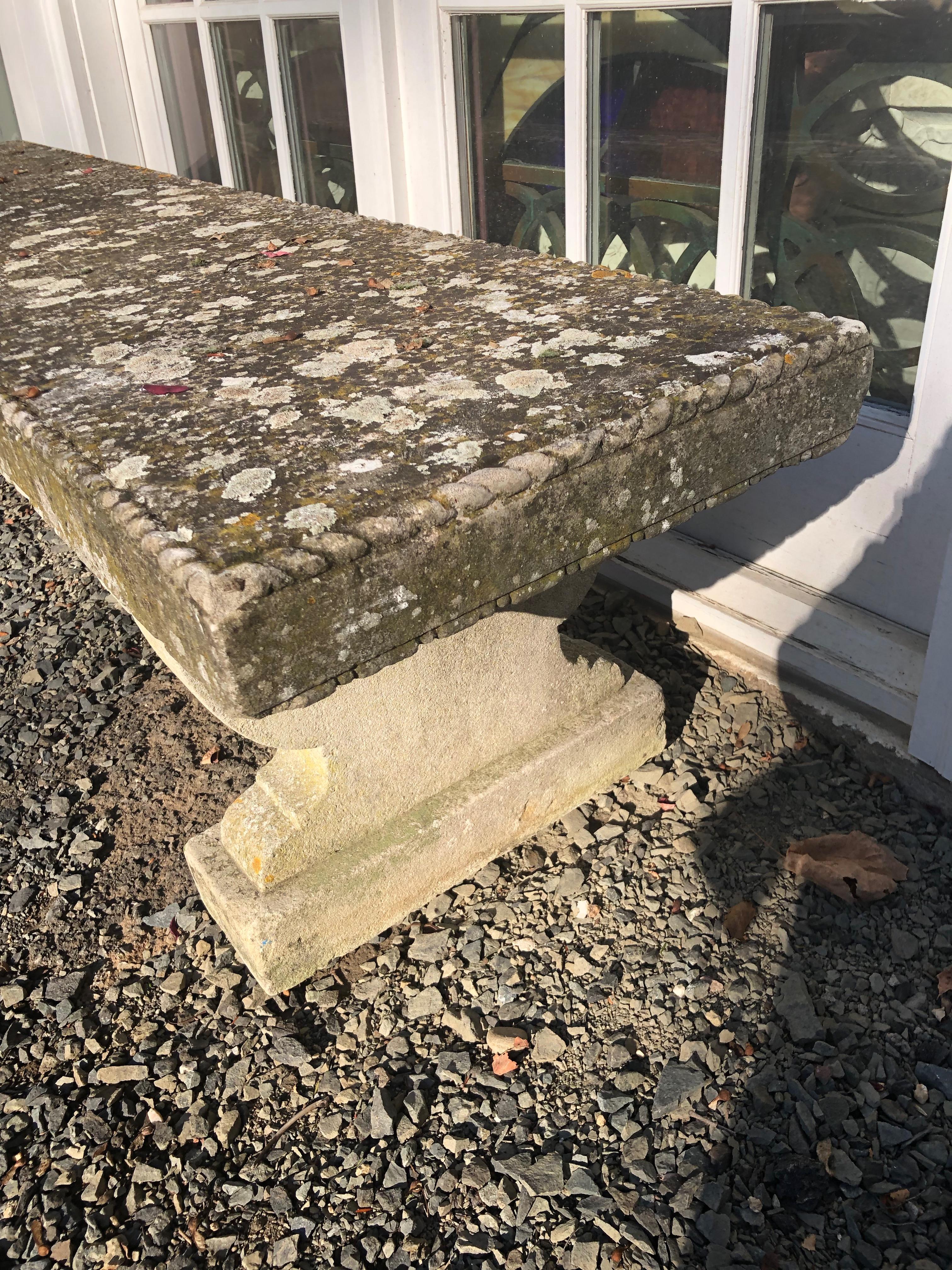 Rare English Carved Portland Stone Bench with Rope Edging and Lichened Surface 6