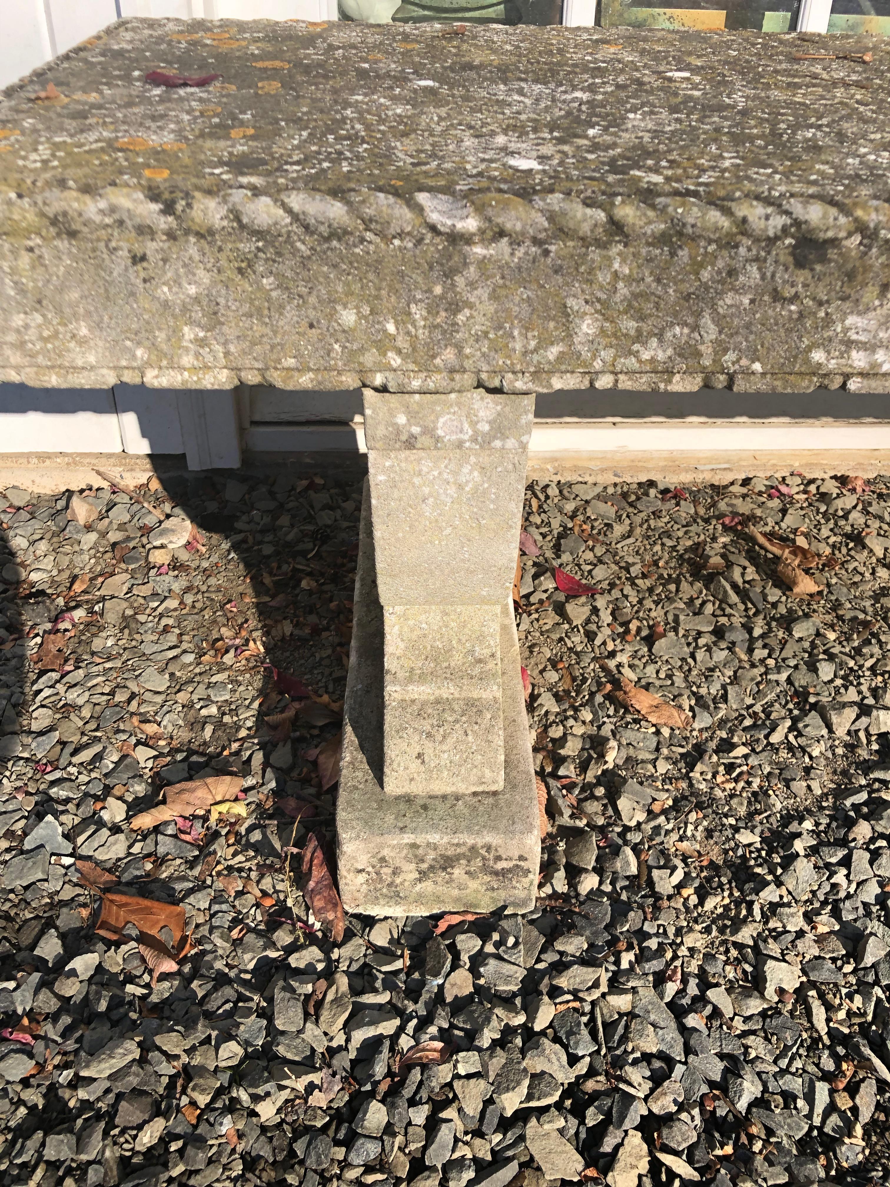 Rare English Carved Portland Stone Bench with Rope Edging and Lichened Surface 8
