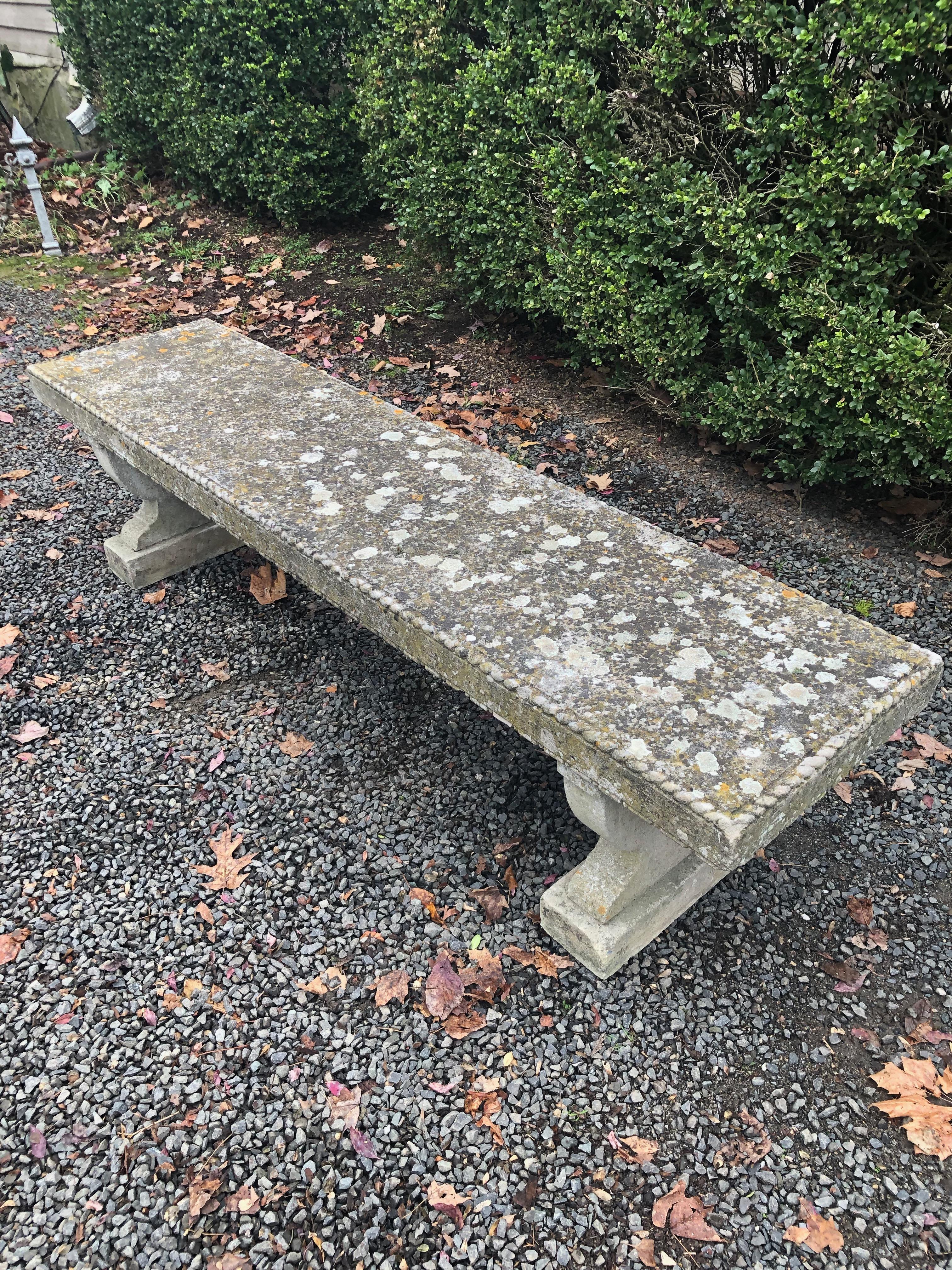 Edwardian Rare English Carved Portland Stone Bench with Rope Edging and Lichened Surface