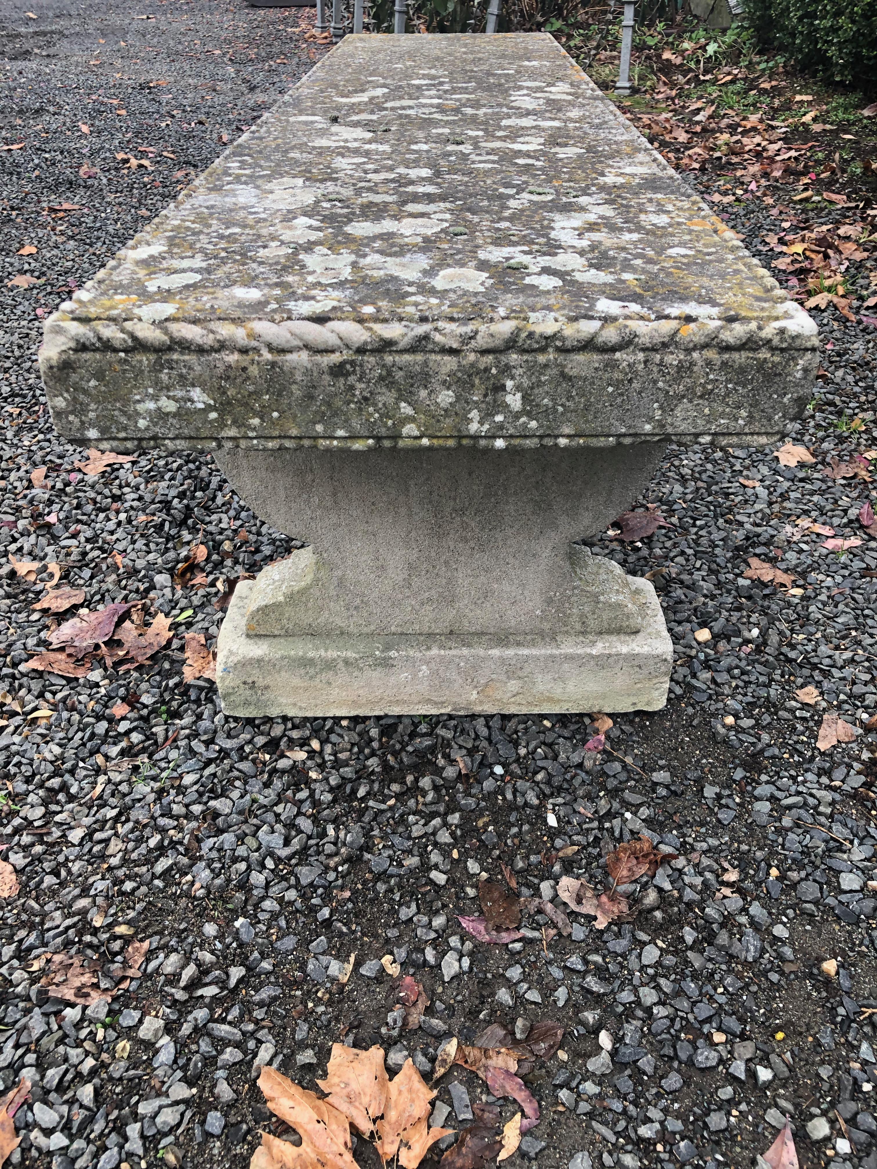 Hand-Carved Rare English Carved Portland Stone Bench with Rope Edging and Lichened Surface