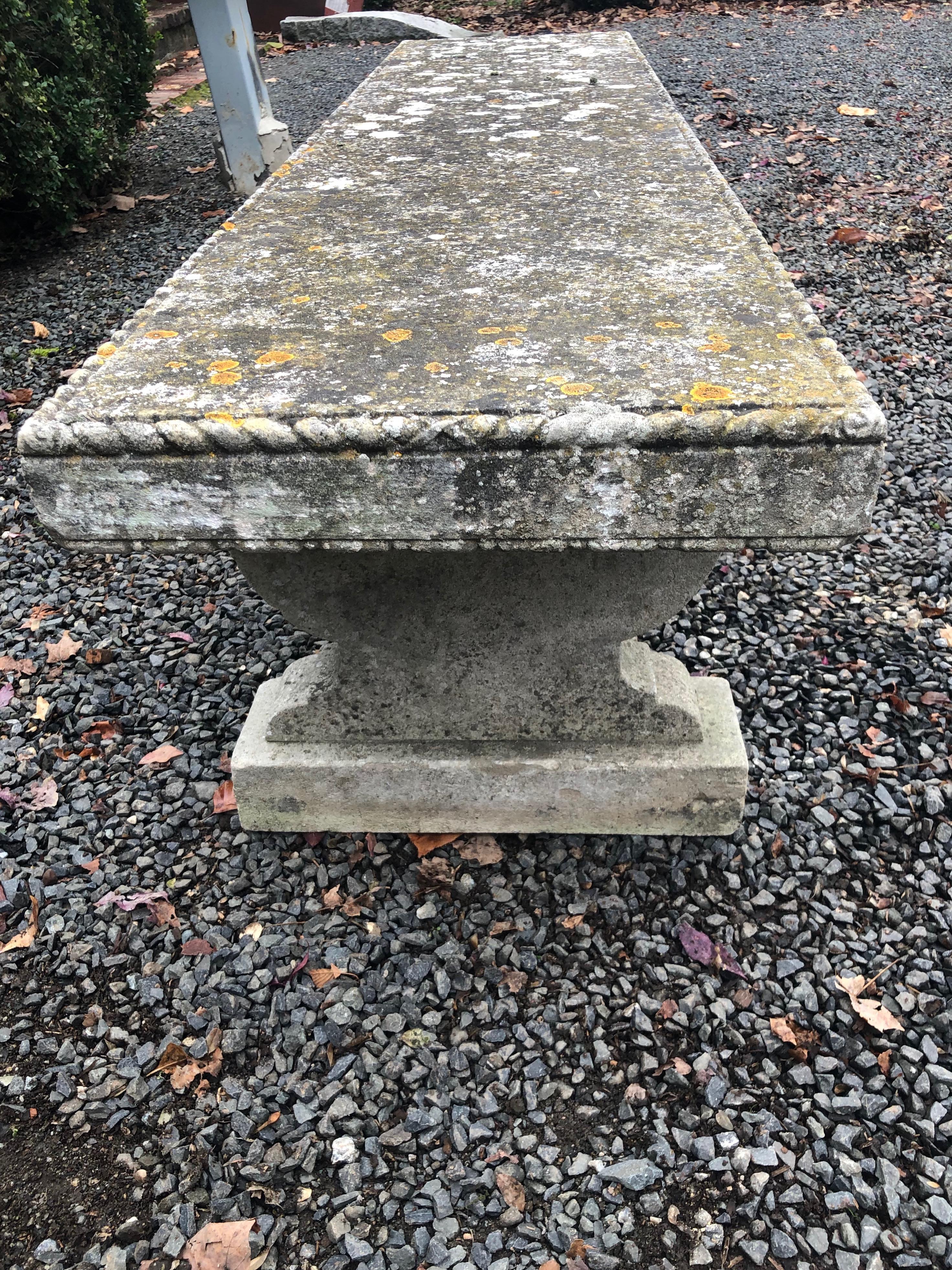 20th Century Rare English Carved Portland Stone Bench with Rope Edging and Lichened Surface