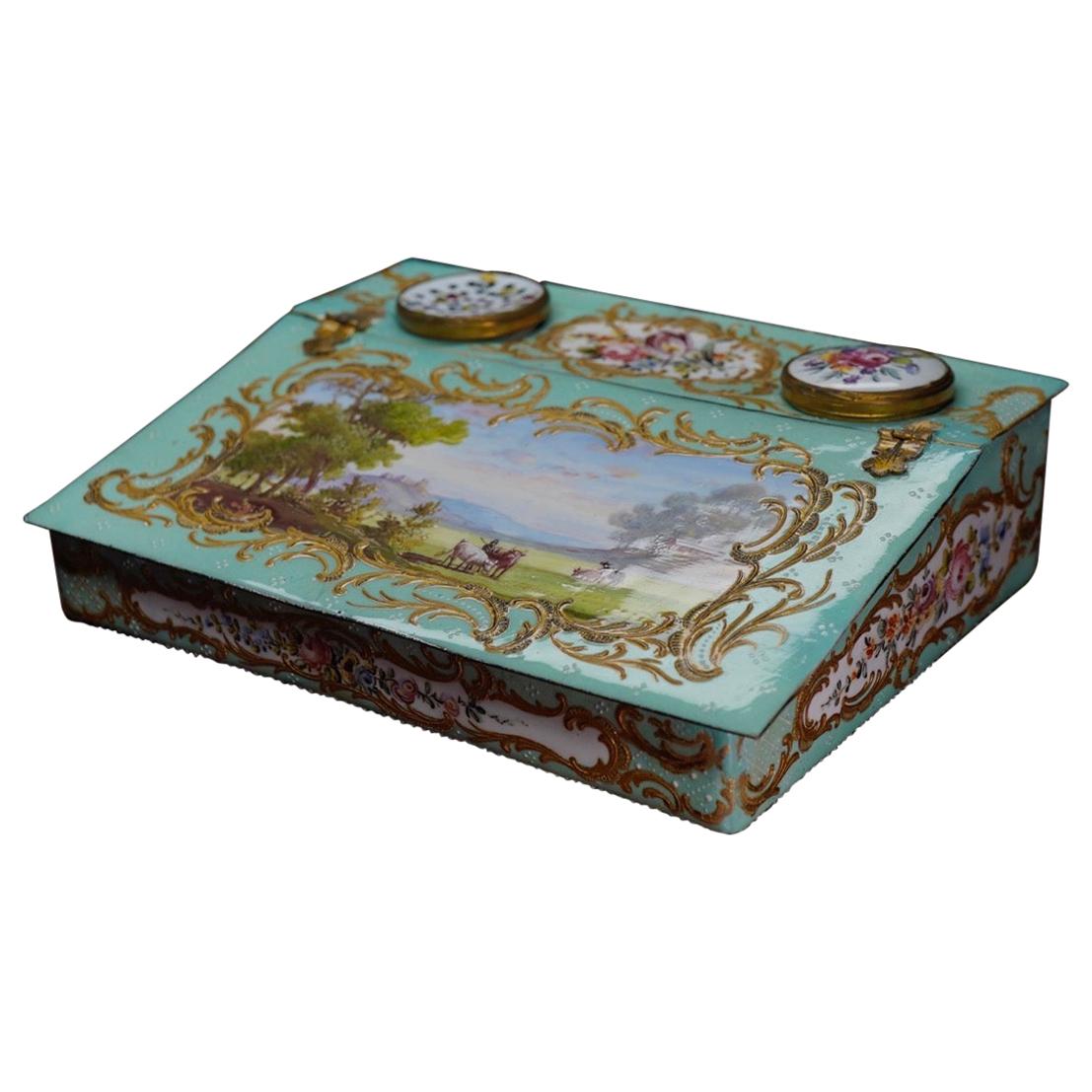 Rare English Enamel Writing Slope/ Box, Landscapes and Scrollwork, circa 1780