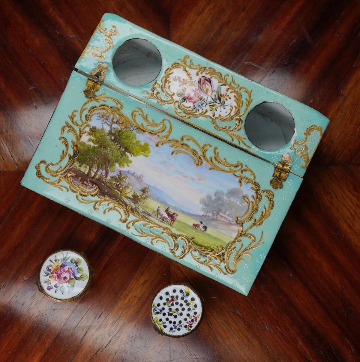 Late 18th Century Rare English Enamel Writing Slope/ Box, Landscapes and Scrollwork, circa 1780