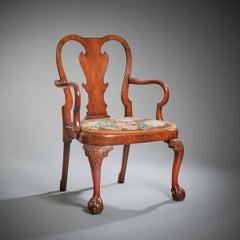 Rare English George II Walnut Shepherd’s Crook Armchair with Period Needlework