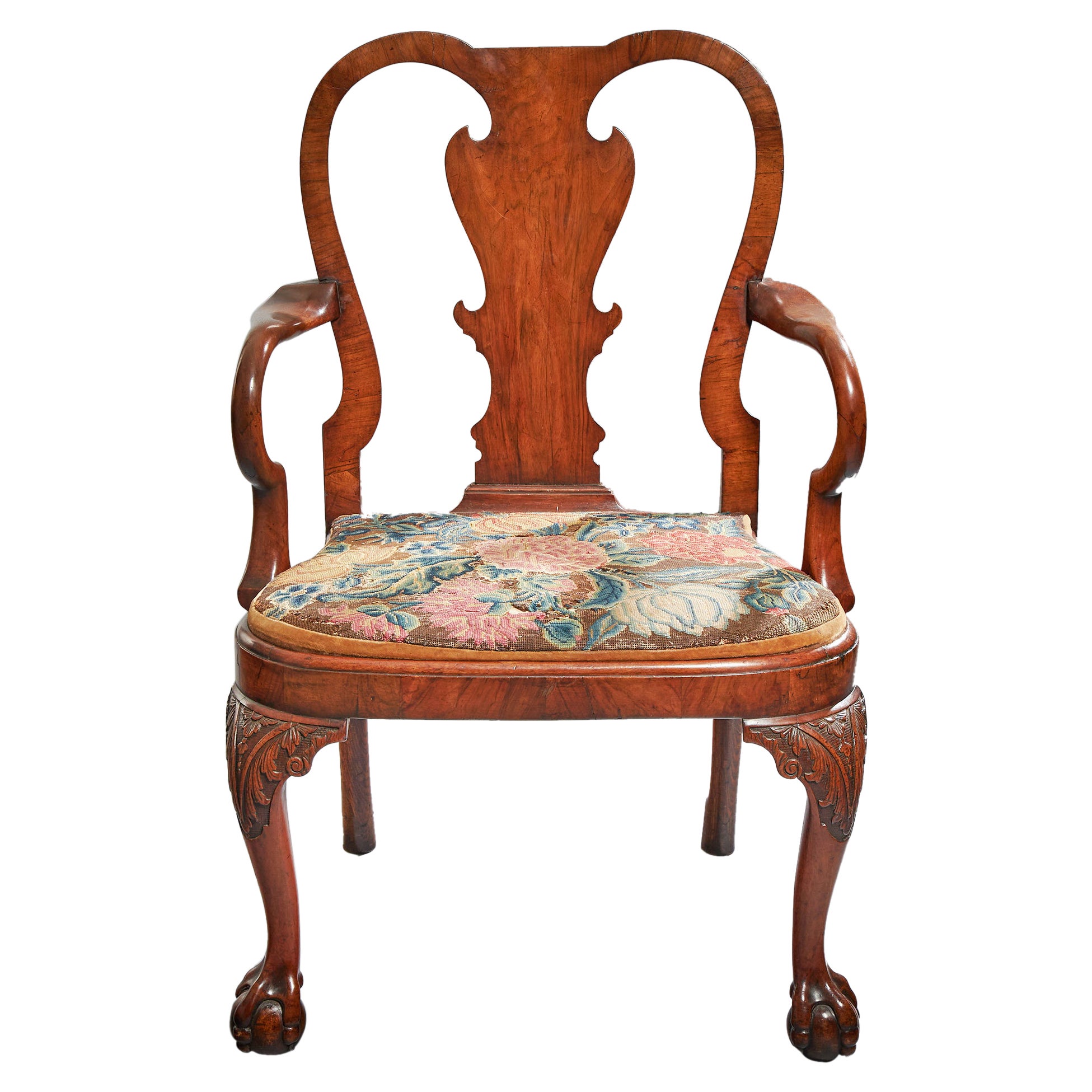 Rare English George II Walnut Shepherd’s Crook Armchair with Period Needlework For Sale