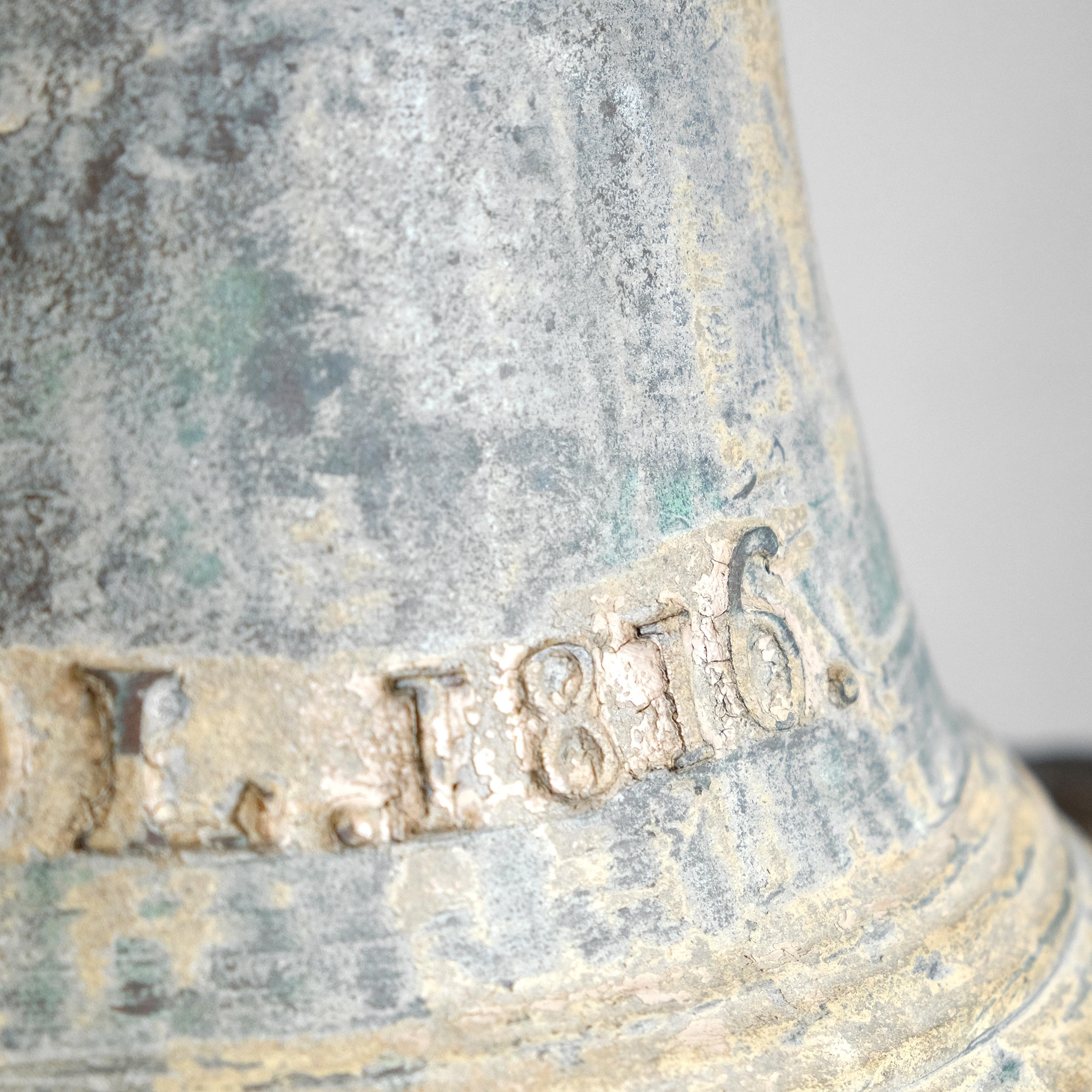 Free shipping to mainland US, UK and Europe.

An early bronze chapel bell, cast with the utmost quality by the bellfounder Nathaniel Ress Westcott of Redcliffe Street, Bristol in 1816. Fully cast maker’s marks and dated as such. The canons and