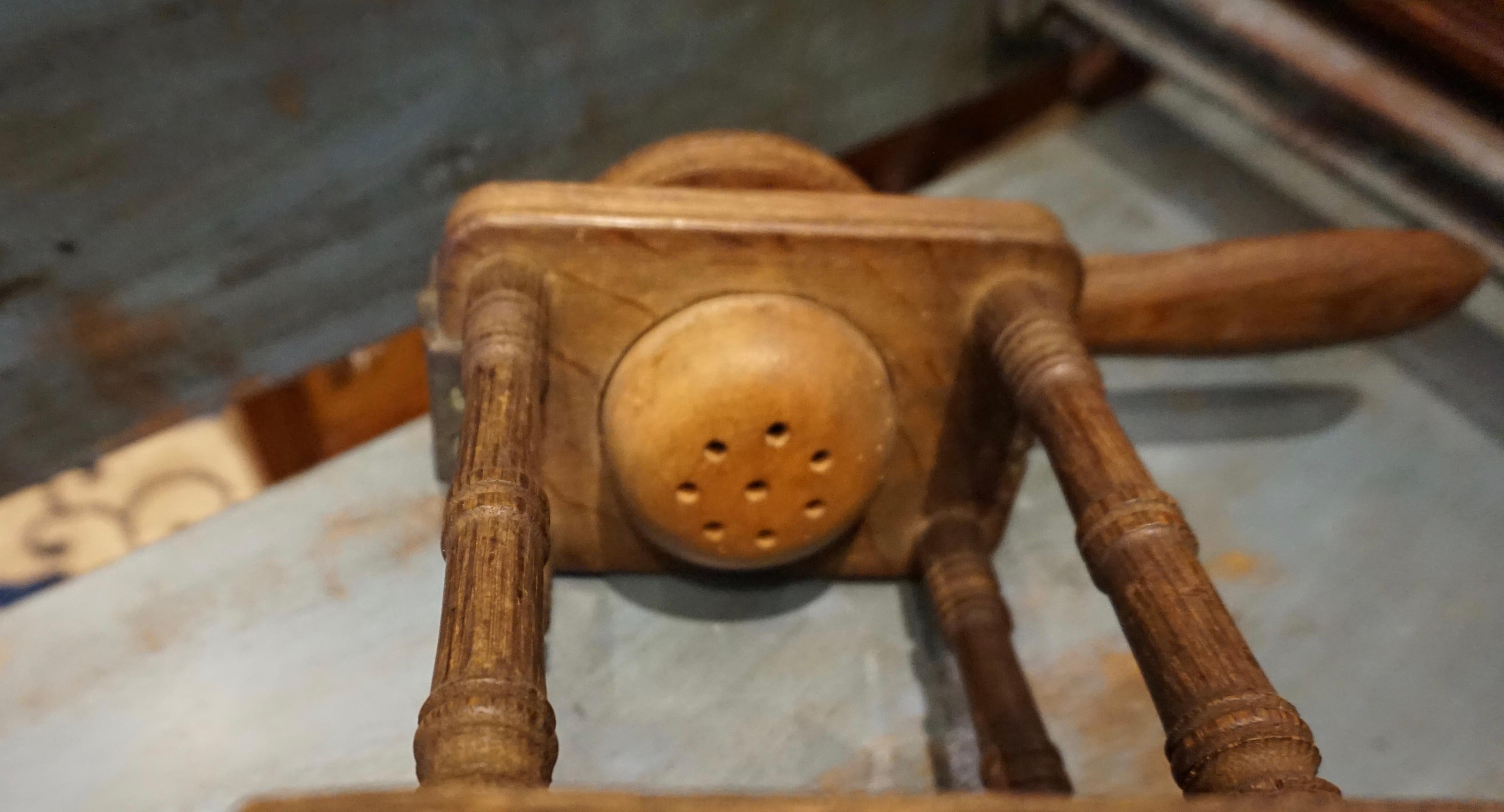 Carved Rare English Georgian Oak Lemon Squeezer Crush with Base & Brass Insignia Plate For Sale