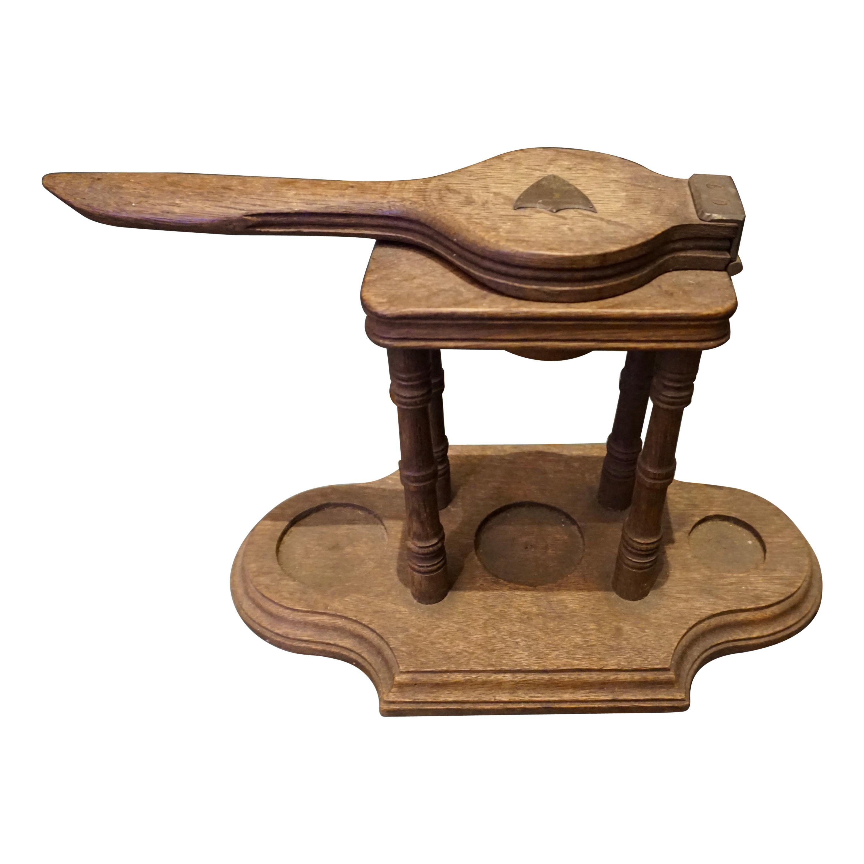 Rare English Georgian Oak Lemon Squeezer Crush with Base & Brass Insignia Plate For Sale