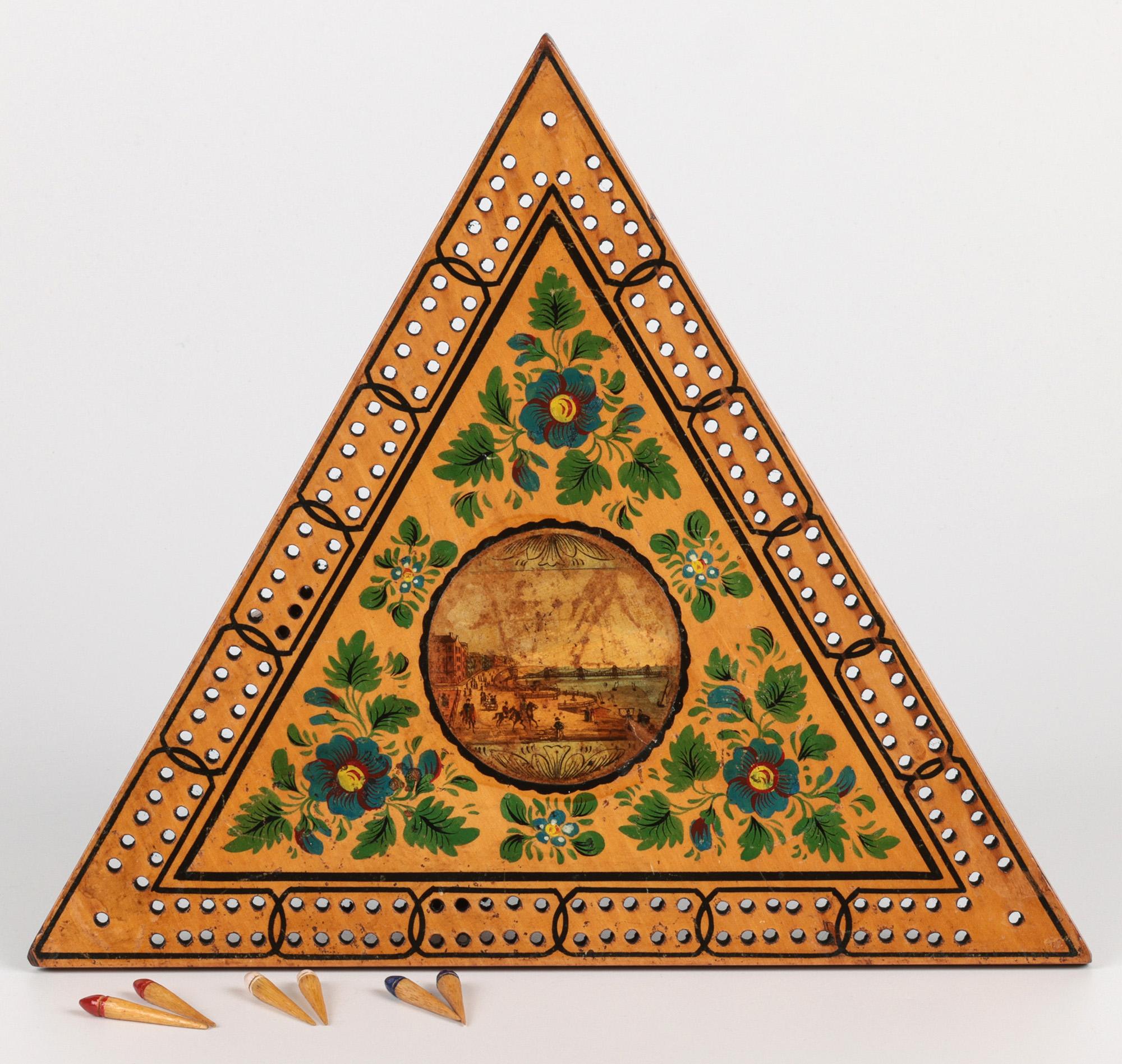 Raro tablero georgiano inglés de cribbage triangular de Bristol Británico en venta